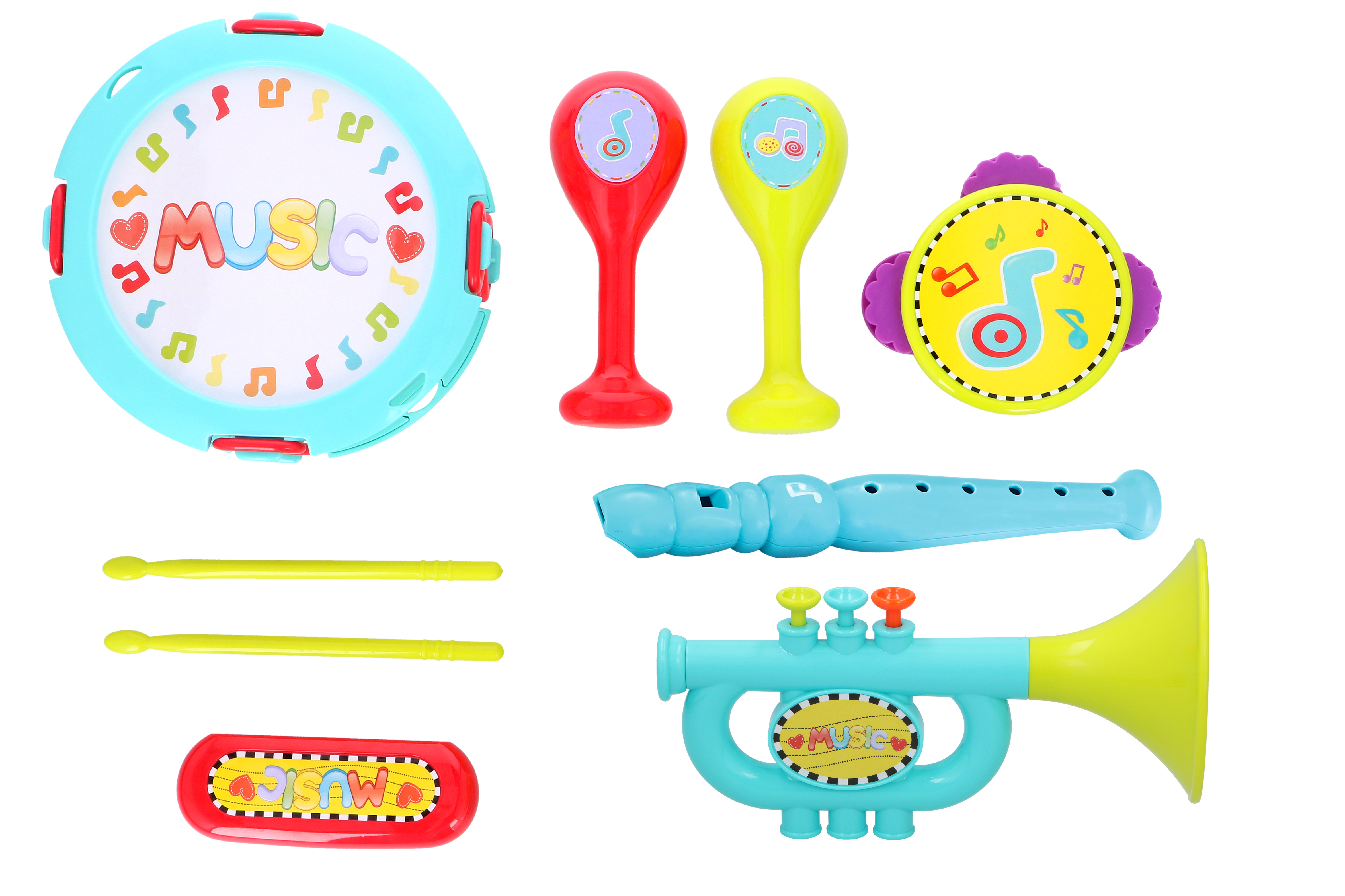 A collection of colorful toy musical instruments, including a drum, maracas, tambourine, flute, trumpet, and drumsticks.