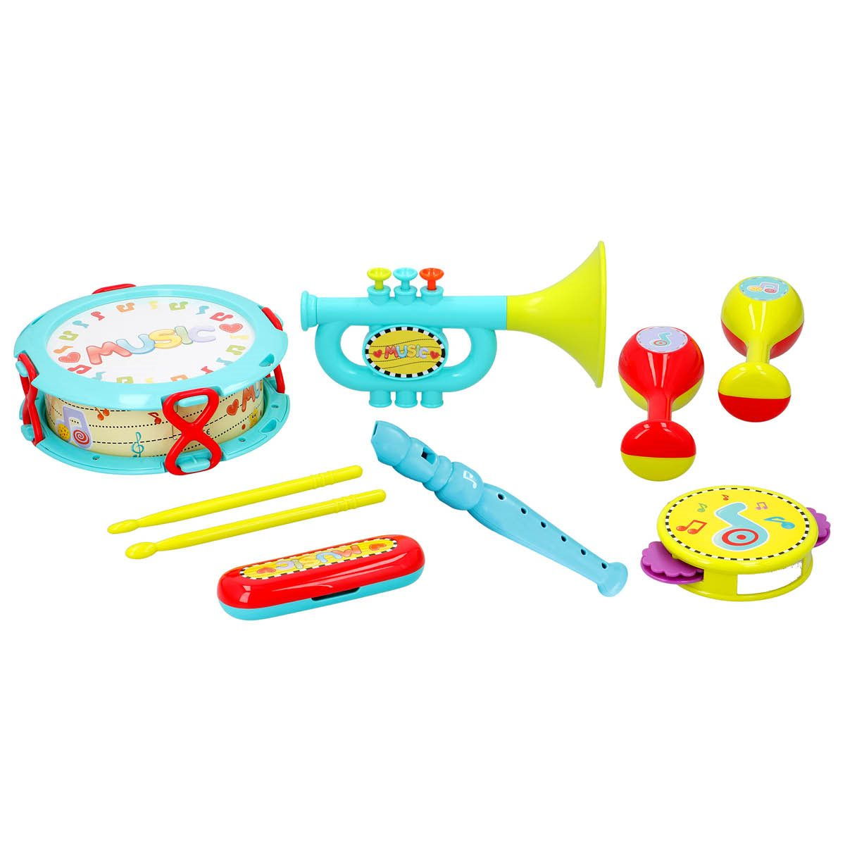 A collection of colorful toy musical instruments, including a drum, trumpet, flute, maracas, and tambourine.