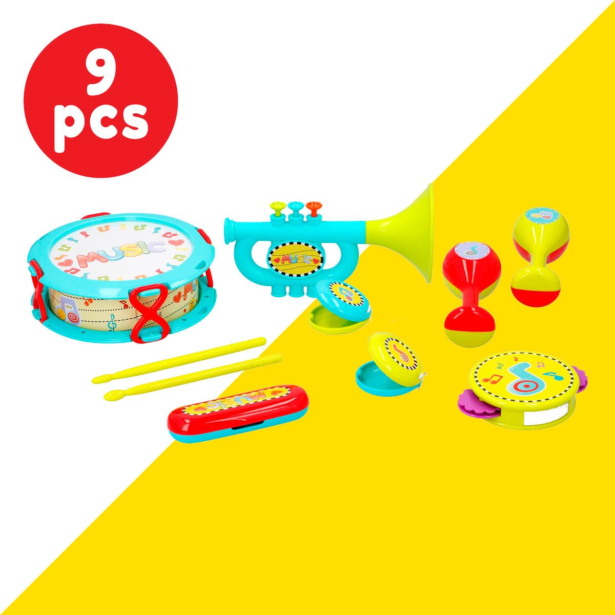 A set of nine colorful toy musical instruments, including a drum, trumpet, maracas, and tambourine, on a yellow and white background.