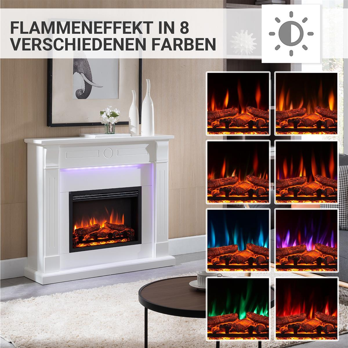 Weißer Kamin mit Flammeneffekt in 8 Farben. Flammen im Kamin, ein Bild eines Elefanten, ein Tisch und ein Teppich.