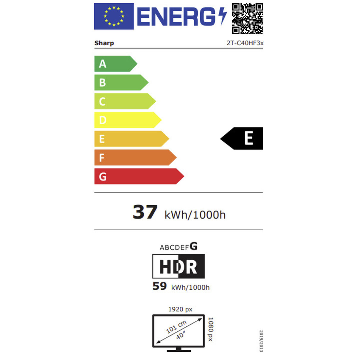 Energielabel für einen Fernseher. Zeigt Energieeffizienzklassen von A bis G, mit der Bewertung E. Zeigt den Energieverbrauch von 37 kWh/1000h.