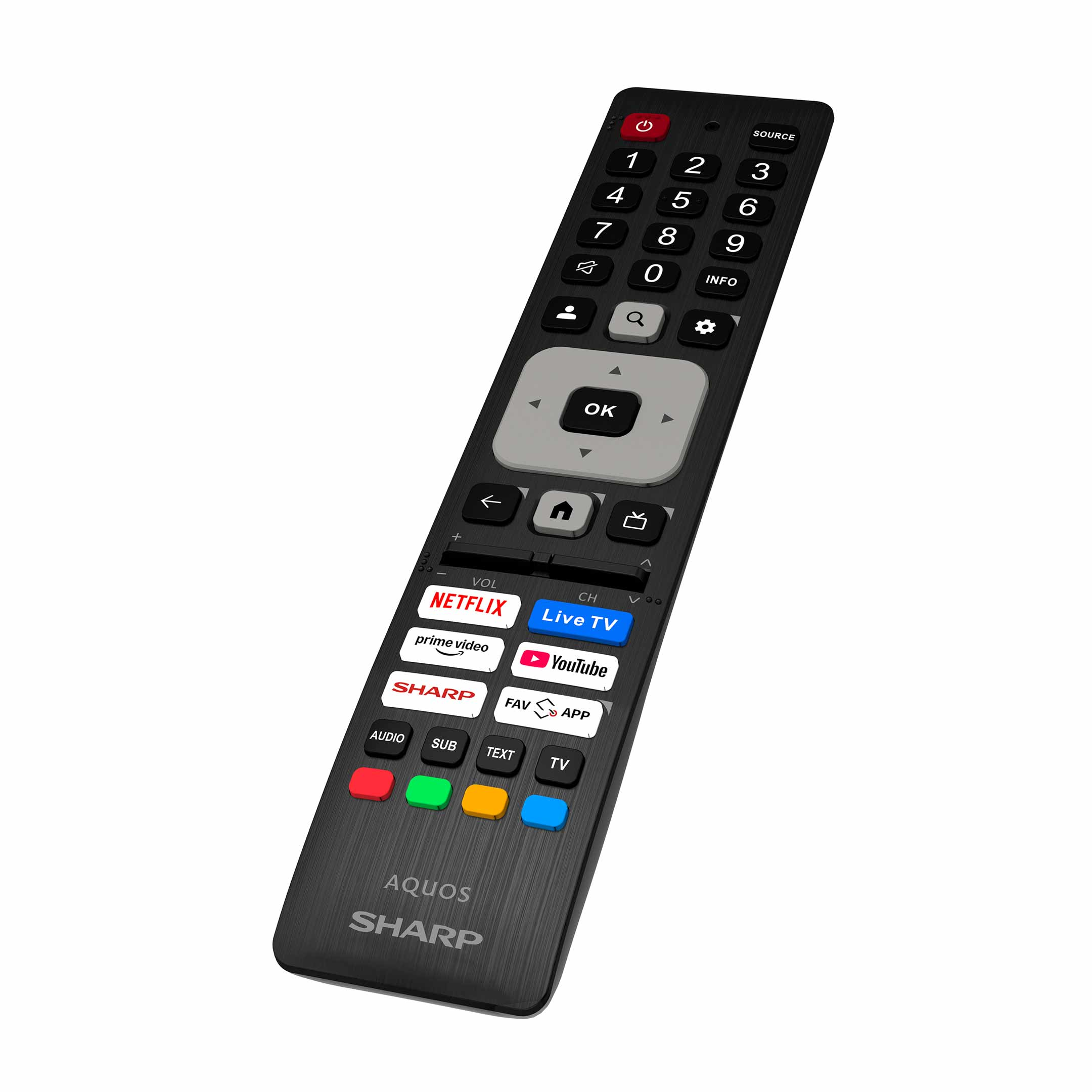 Eine Sharp TV-Fernbedienung mit vielen Tasten, darunter Netflix, YouTube und Lautstärkeregler. Die Fernbedienung ist schwarz.