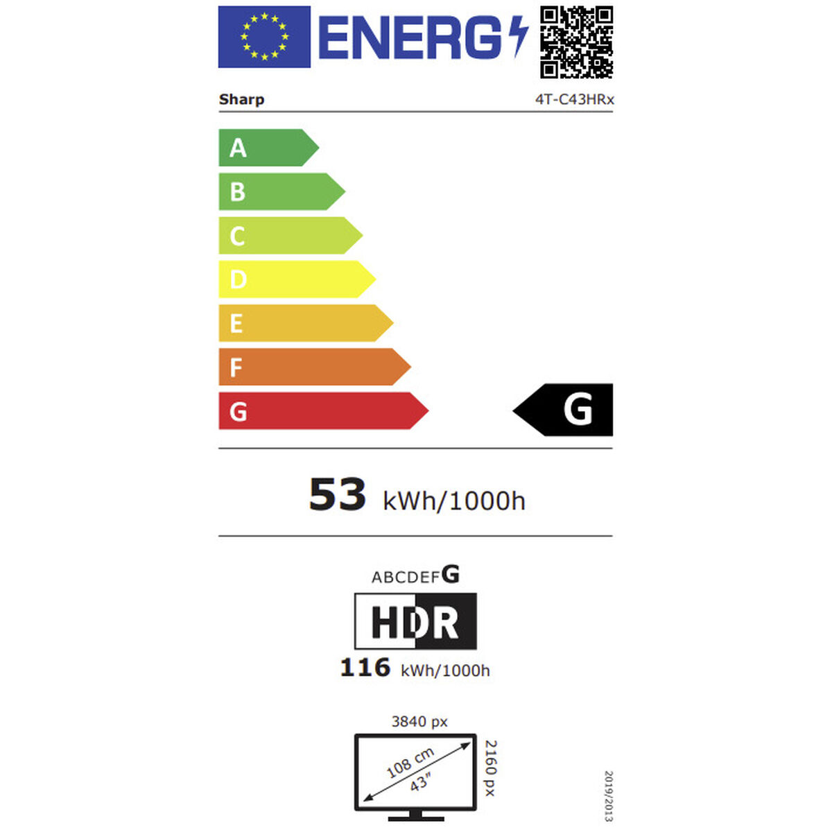 Etykieta energetyczna dla telewizora. Wyświetla klasy efektywności od A do G, czarną G i szczegóły zużycia energii. Widoczne logo HDR.