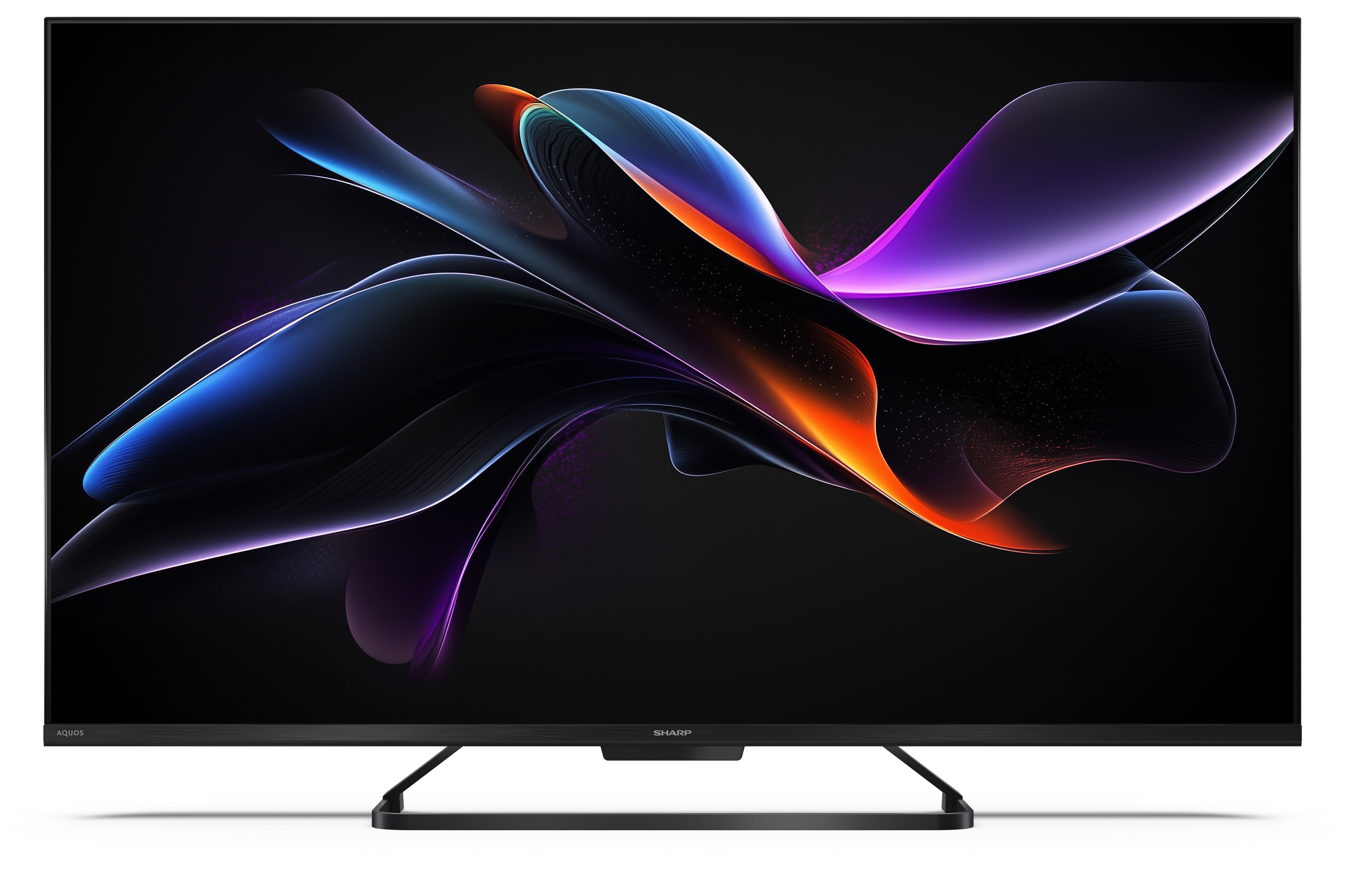 Telewizor Sharp wyświetla abstrakcyjny wzór z niebieskimi, fioletowymi i pomarańczowymi płynącymi kształtami na czarnym tle.