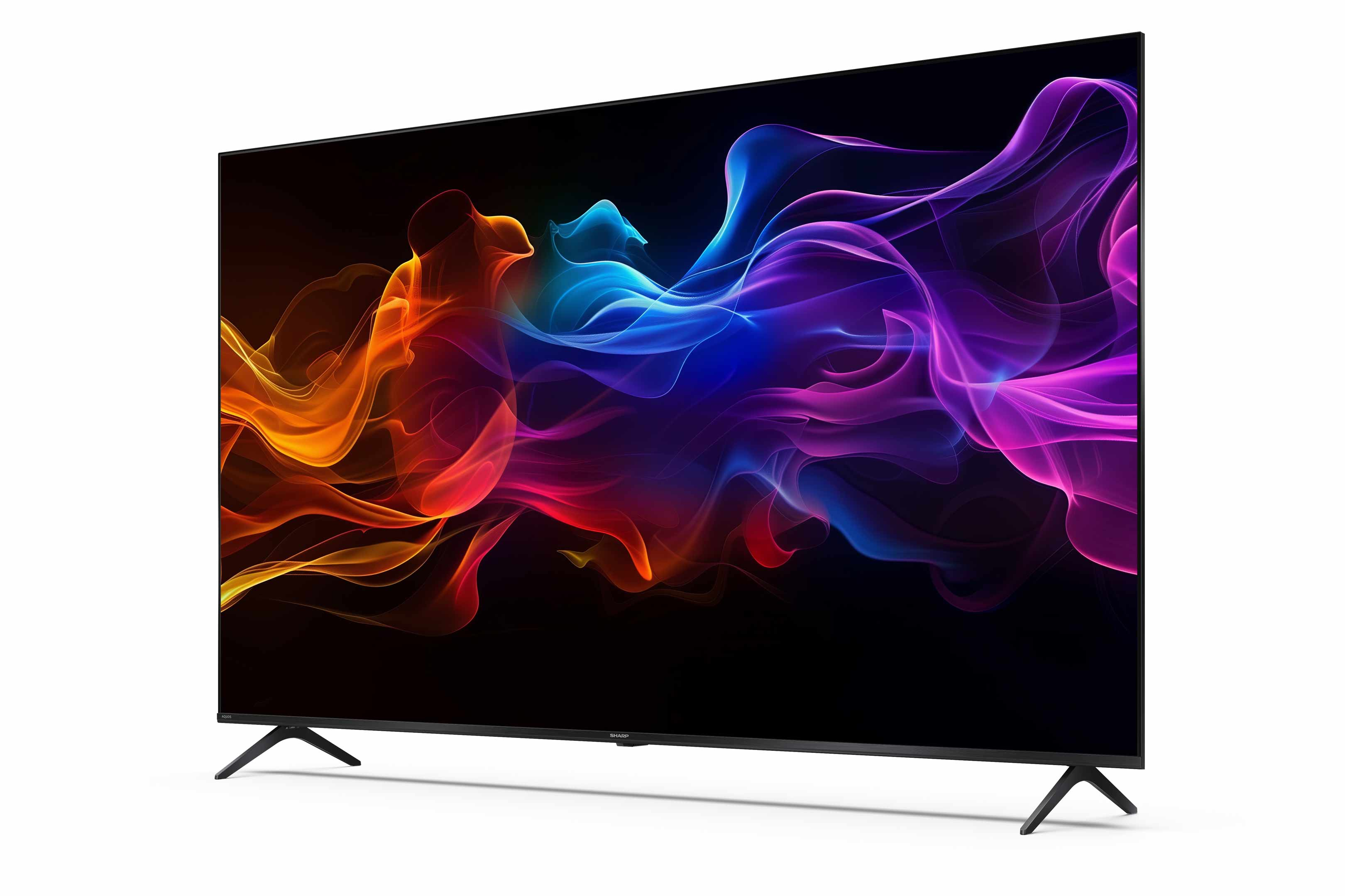 Ein Flachbildfernseher zeigt farbenfrohe abstrakte Kunst. Der Fernseher ist schwarz mit schwarzem Ständer und weißem Hintergrund.