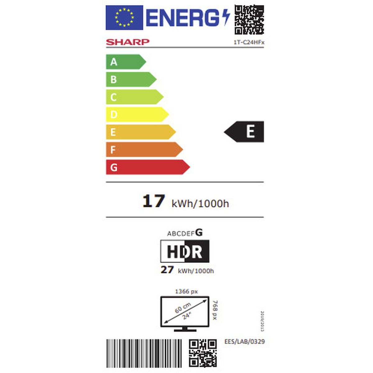 Energielabel für einen Fernseher. Es zeigt Energieeffizienz, Marke Sharp, Modell und Energieverbrauch.