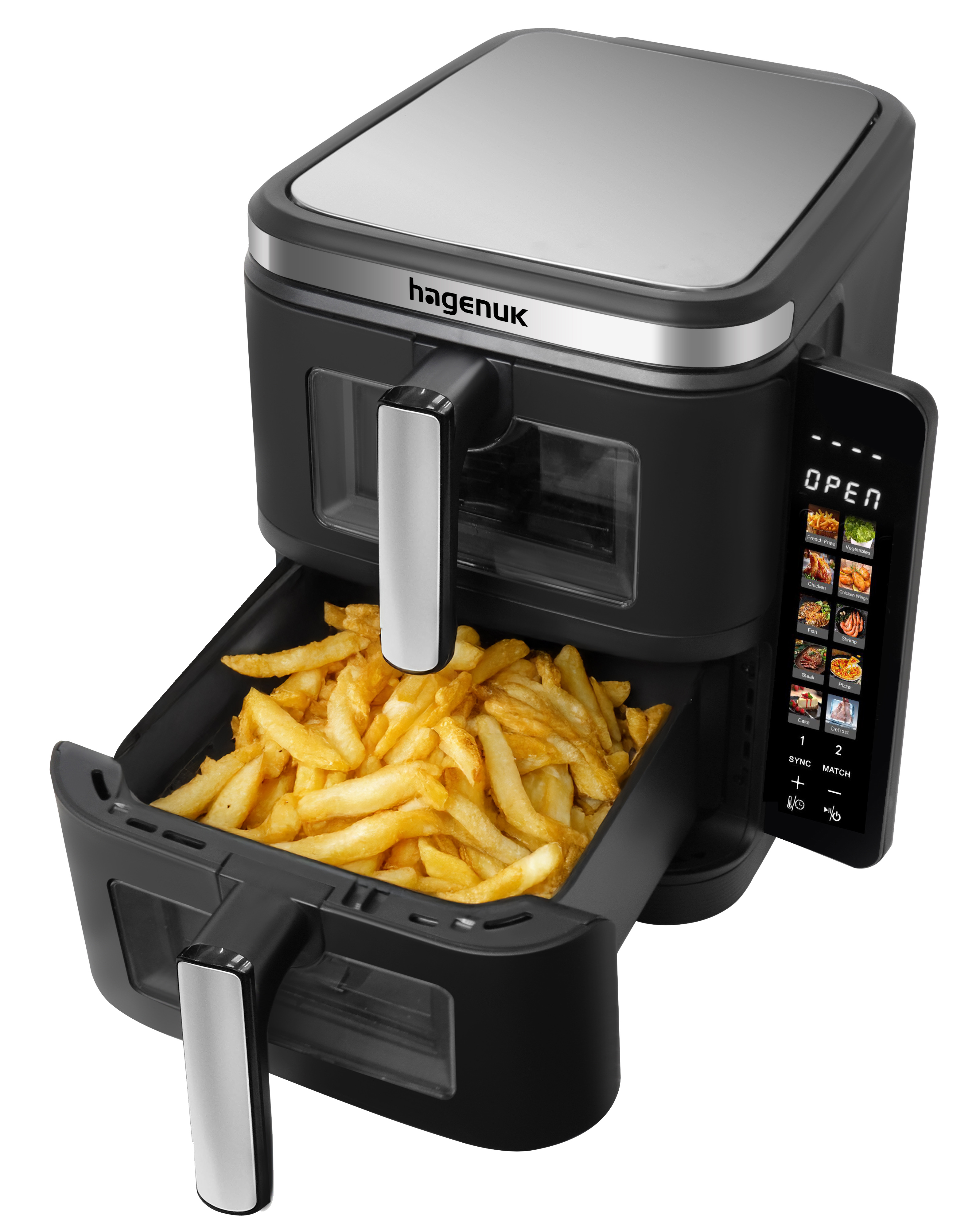 Ein schwarzer Airfryer mit Pommes in der Schublade. Es hat ein digitales Display und den Markennamen 'hagenuk'.