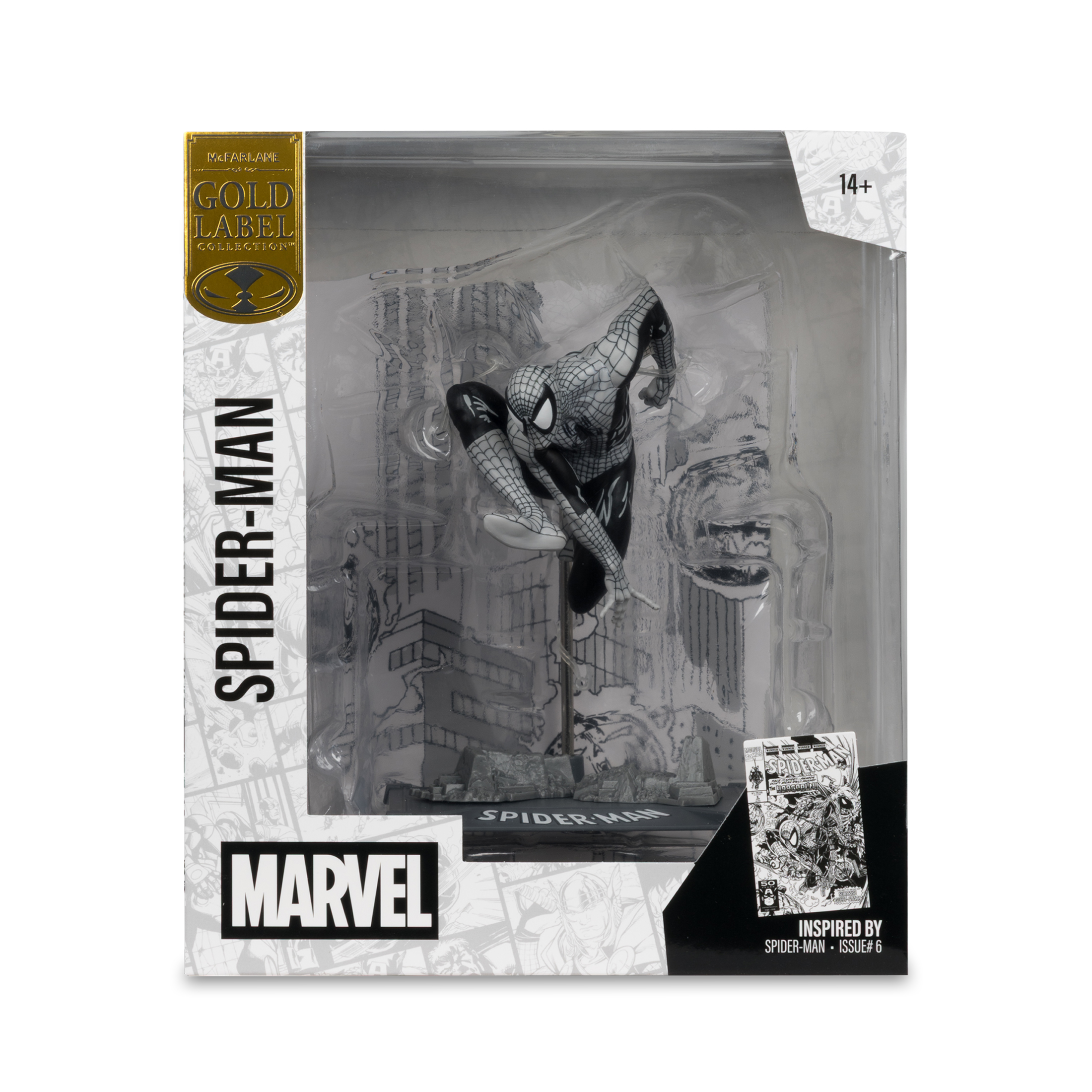 Action figure di Spider-Man nella confezione. È una figura in bianco e nero con uno sfondo di paesaggio urbano. La confezione dice Marvel e Gold Label.