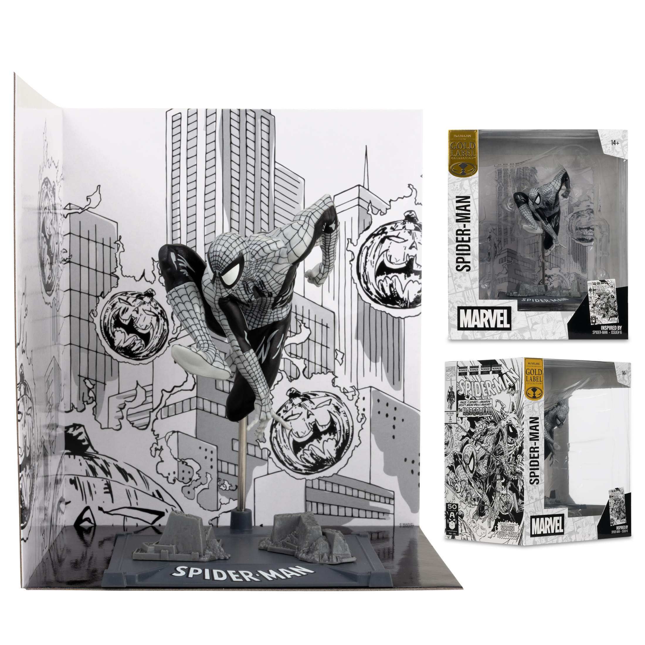 Figura di Spider-Man in una scatola espositiva in stile fumetto. La figura è in bianco e nero, su uno sfondo cittadino. Scatole a destra.