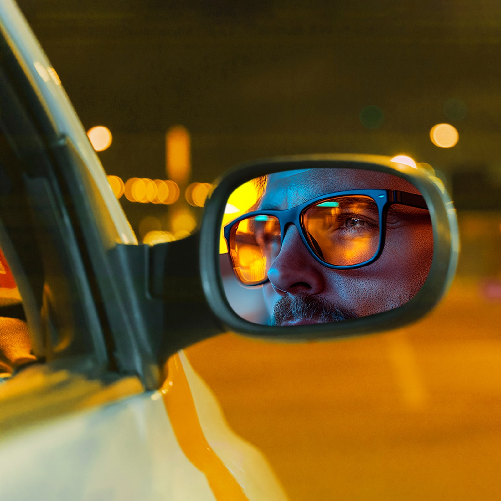 Hombre con gafas reflejado en espejo retrovisor de coche por la noche. Luces cálidas reflejan en gafas. Detalles del coche.
