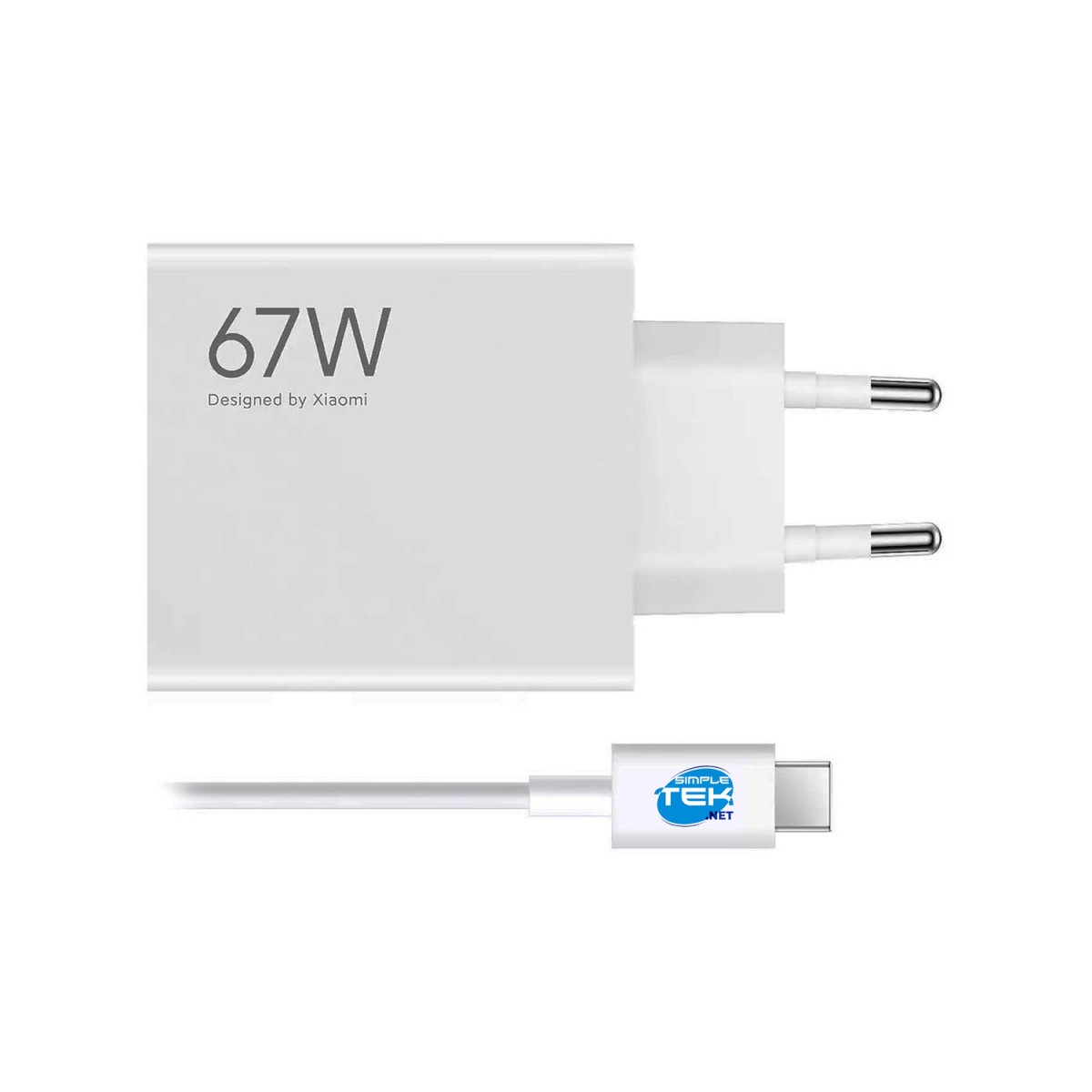 Cargador blanco Xiaomi 67W con logo Simple Tek Net. Cable USB-C conectado.