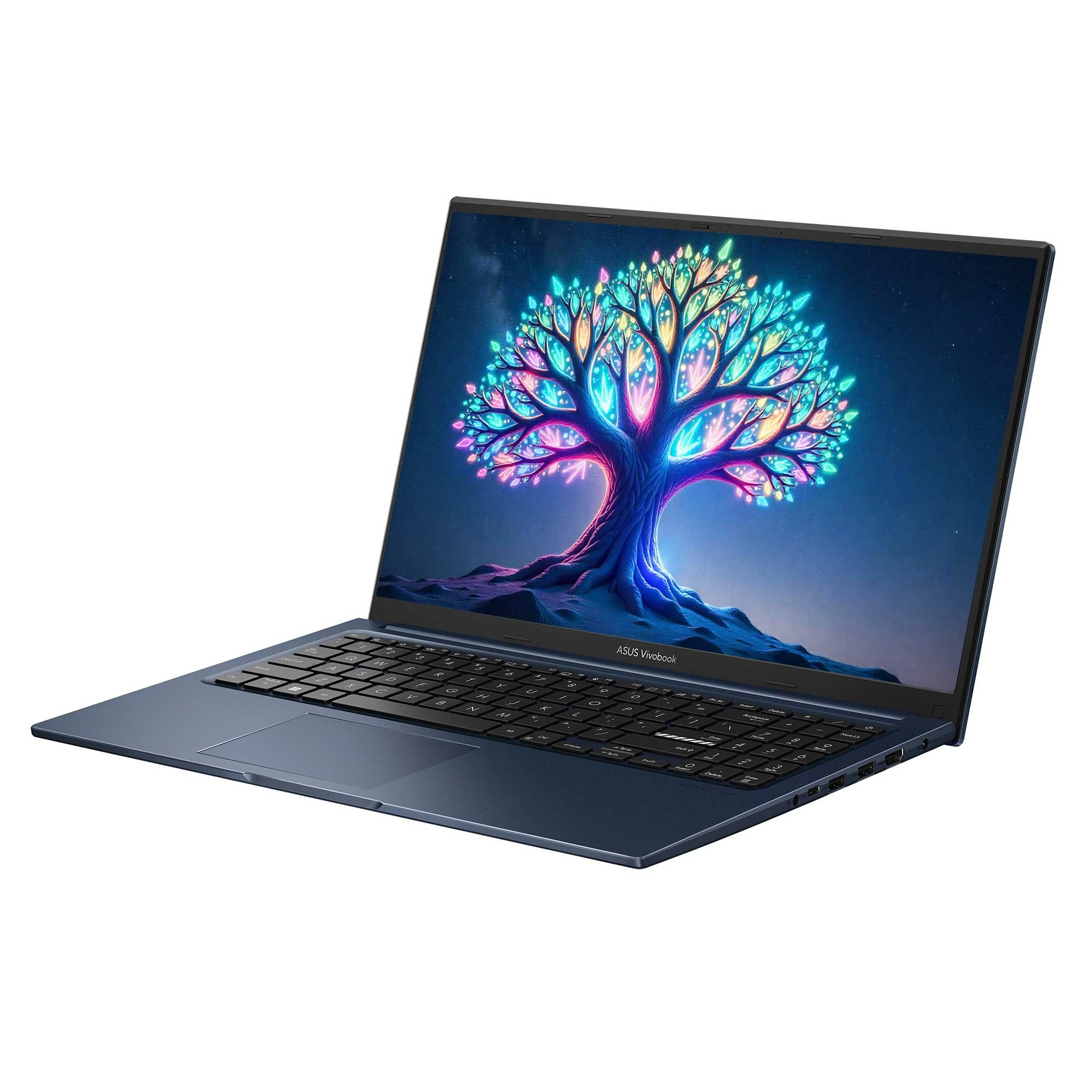 Mavi bir ASUS Vivobook dizüstü bilgisayar açık. Ekran, renkli bir ağaç illüstrasyonu gösteriyor. Klavye ve dokunmatik yüzey görünür.