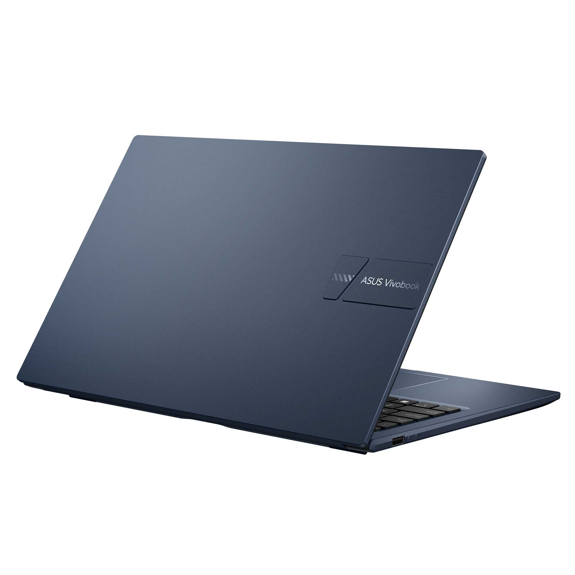 Koyu mavi bir ASUS Vivobook dizüstü bilgisayar hafifçe açık, klavyeyi gösteriyor. Arka plan beyaz.