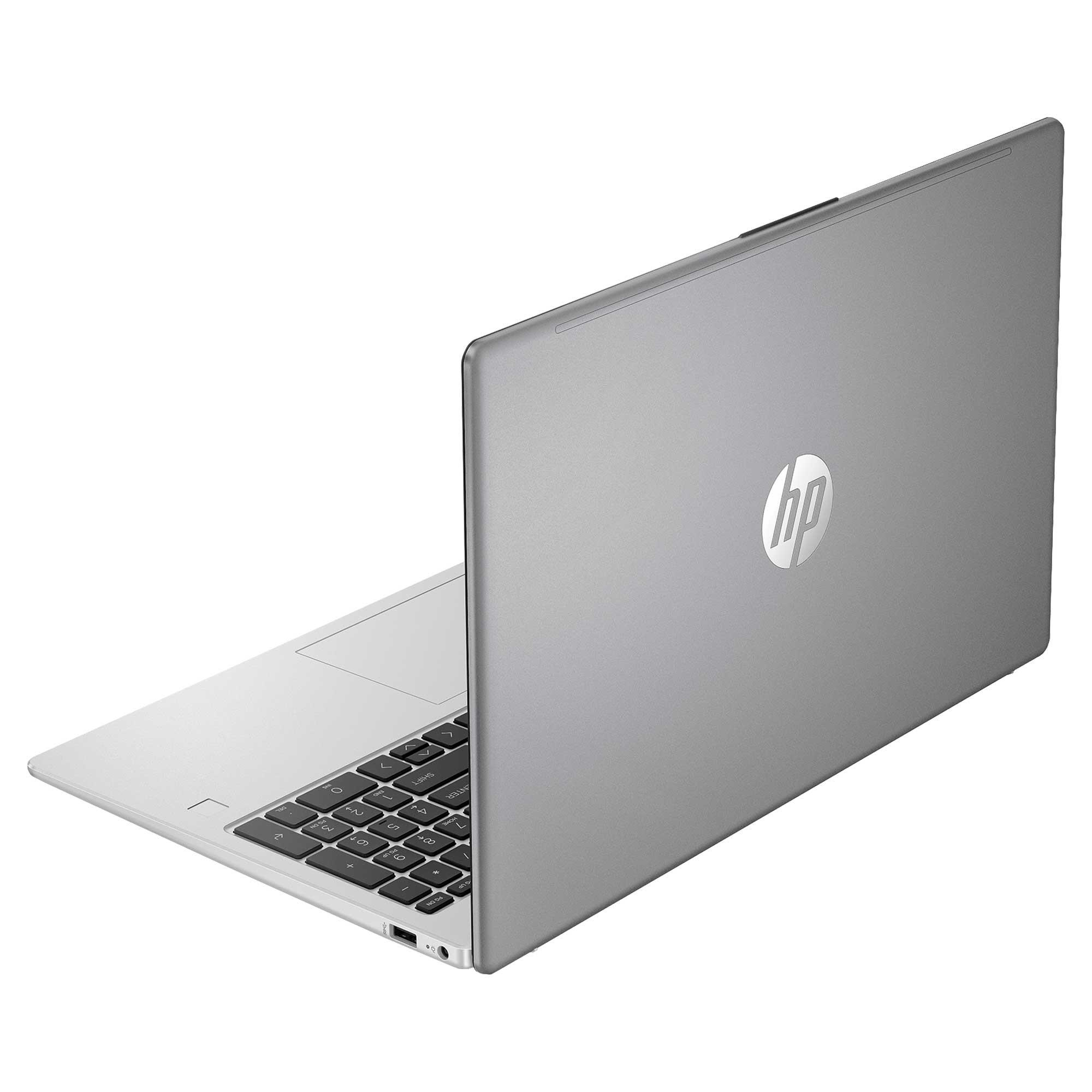 Gümüş renkli bir HP dizüstü bilgisayar açık, klavye ve ekranın arkası görünüyor. HP logosu görünür.