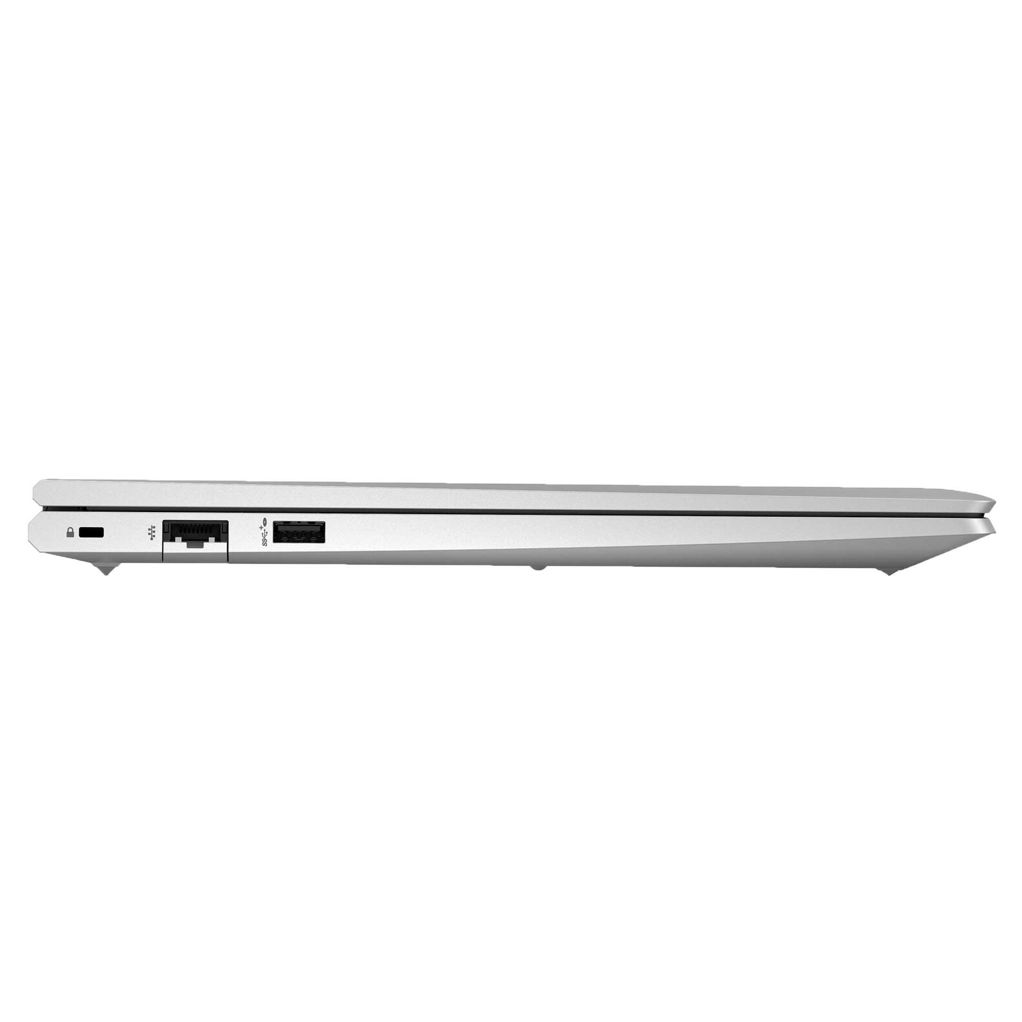 Gümüş dizüstü bilgisayarın yan görünümü. Bağlantı noktalarını gösterir: kilit, USB, Ethernet ve USB-C. Beyaz zemin.