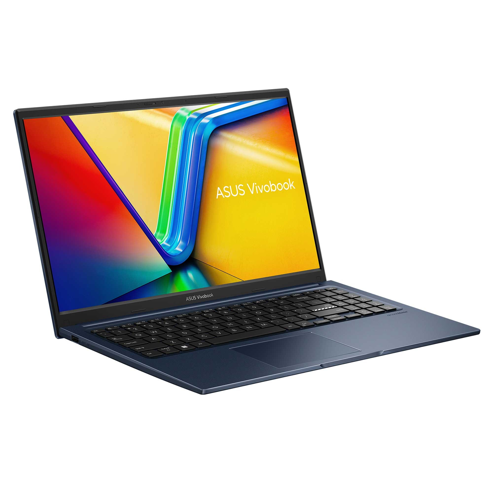 Beyaz zemin üzerinde mavi bir ASUS Vivobook dizüstü bilgisayar. Ekranda renkli grafikler, klavye görünür durumda.