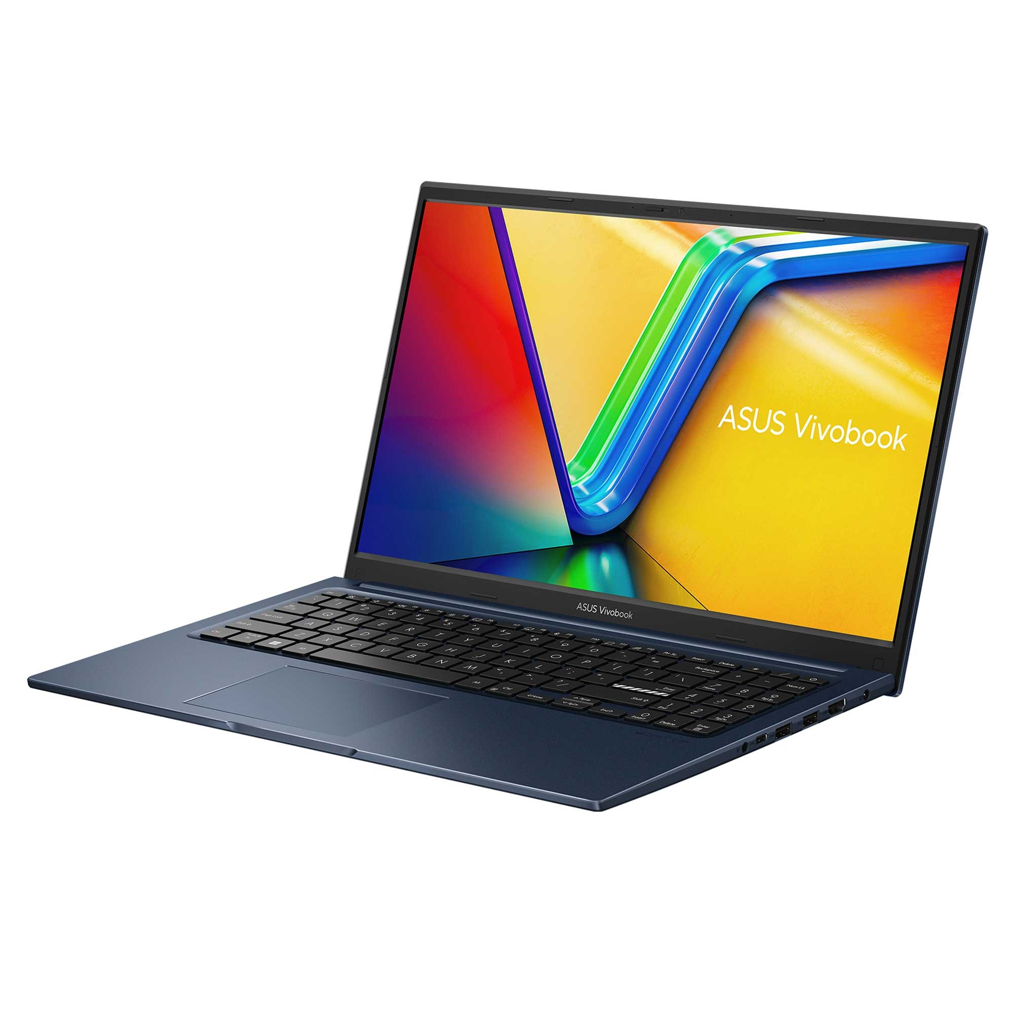 Mavi bir ASUS Vivobook dizüstü bilgisayar açık. Ekran renkli bir görüntü gösteriyor. Klavye siyah.