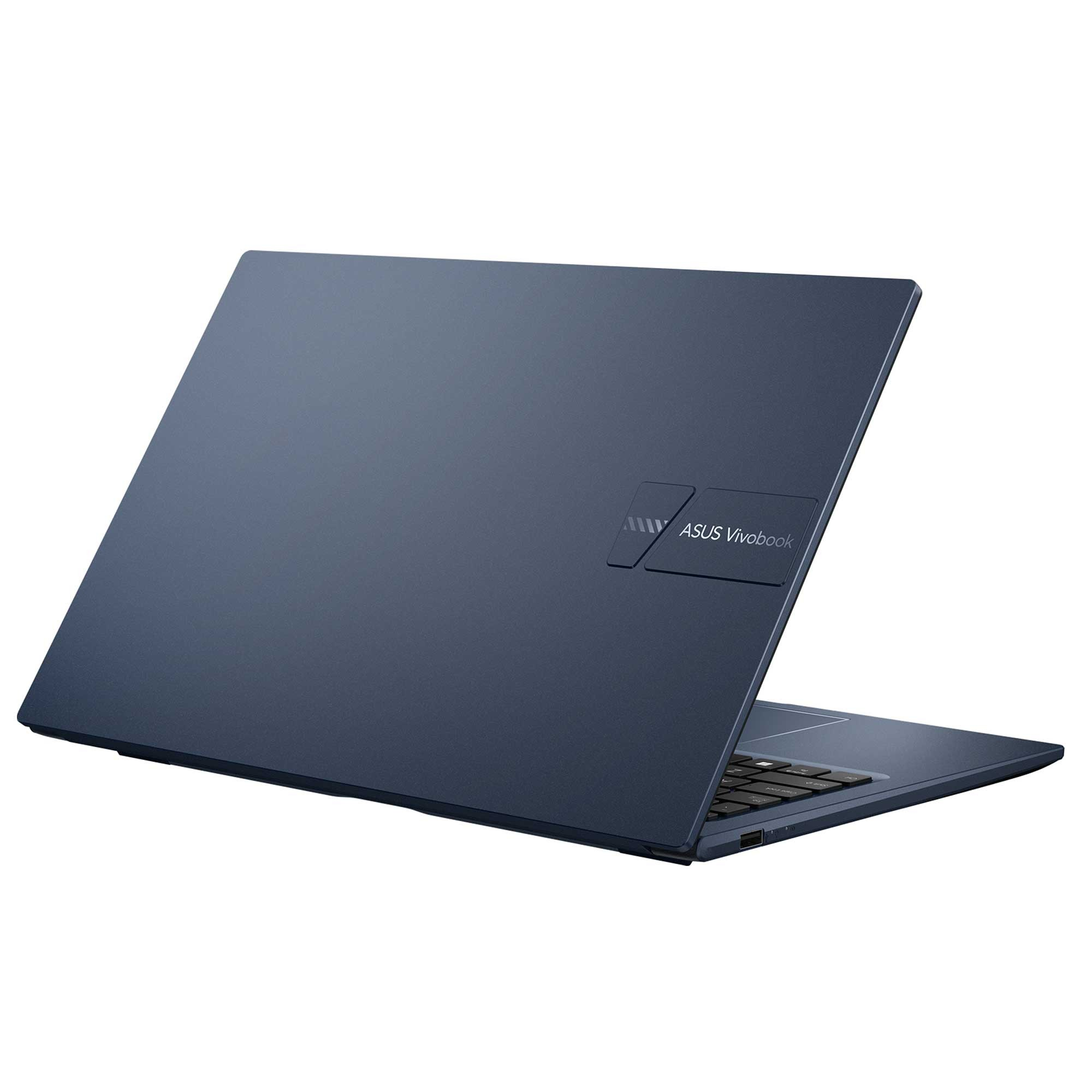 Koyu mavi bir ASUS Vivobook dizüstü bilgisayar, hafifçe açık. Arkada logo görünüyor. Klavye görülebilir.