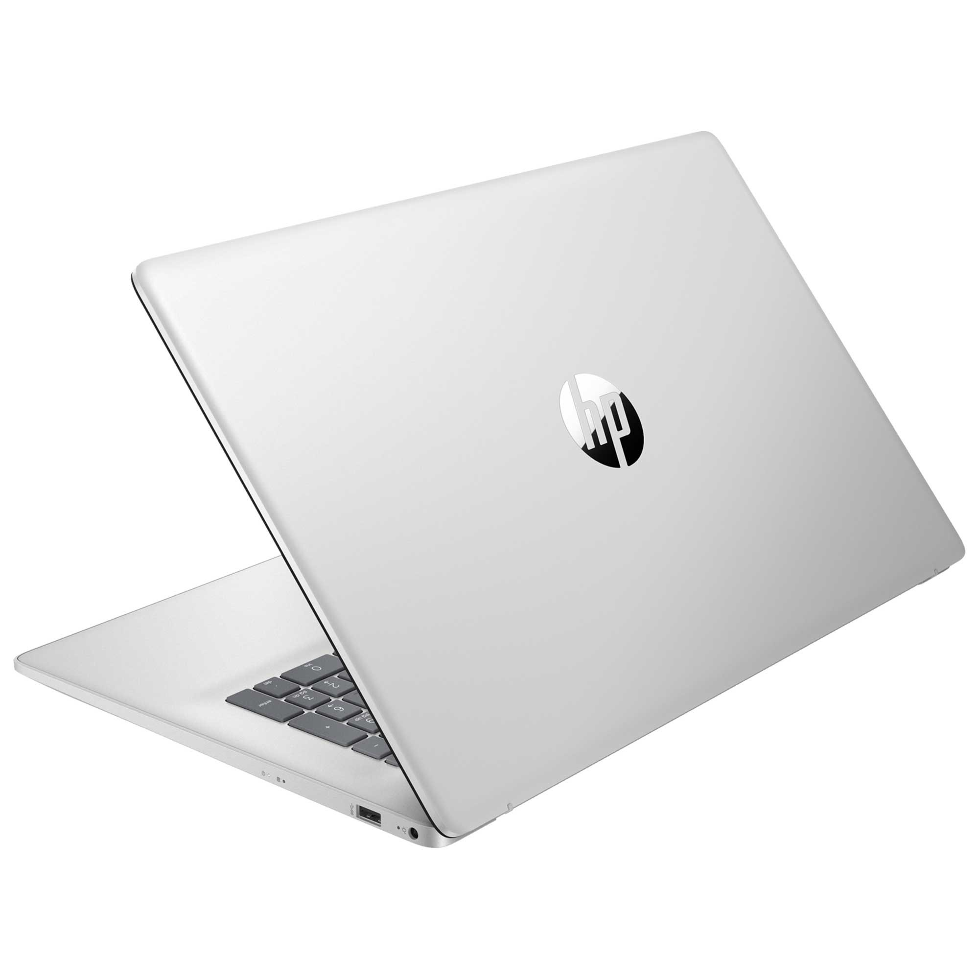 Beyaz bir HP dizüstü bilgisayar hafifçe açık. HP logosu kapakta görülebilir. Klavye görünür.