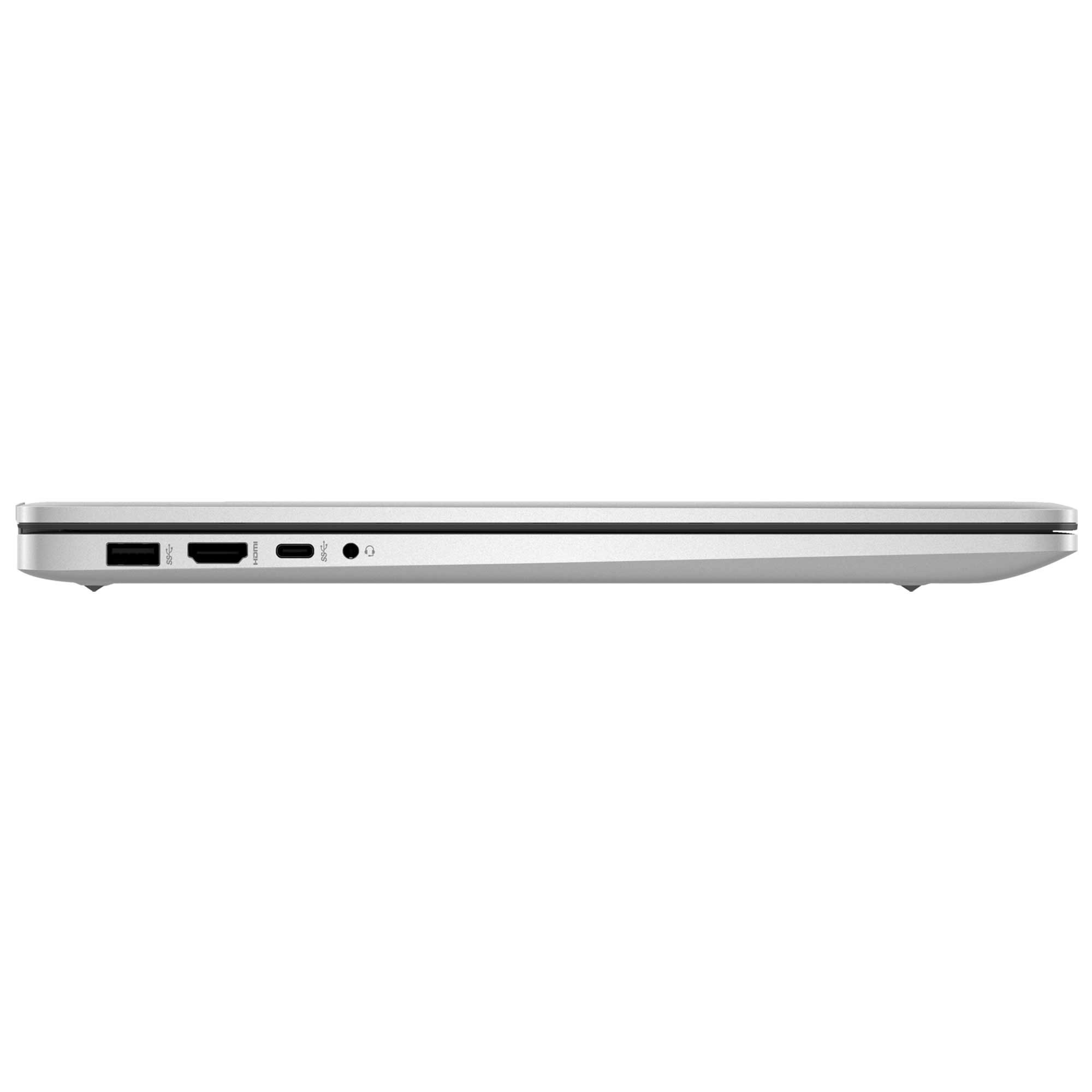 Gümüş bir dizüstü bilgisayarın yan görünümü. Bağlantı noktaları USB, HDMI, USB-C ve kulaklık jakıdır.