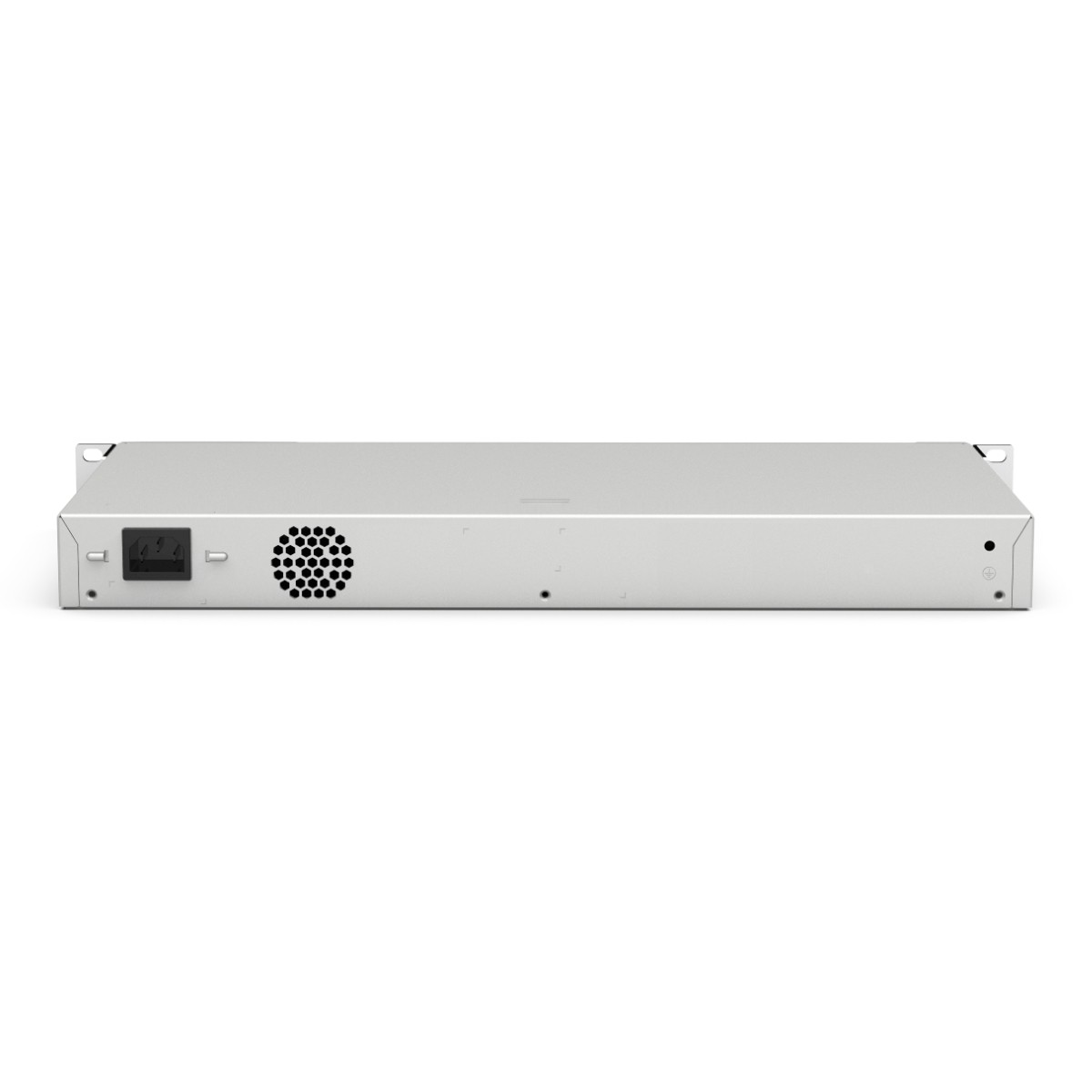 Uno switch di rete argentato è centrato su uno sfondo bianco. Ha una porta di alimentazione, una ventola e varie porte di connessione.