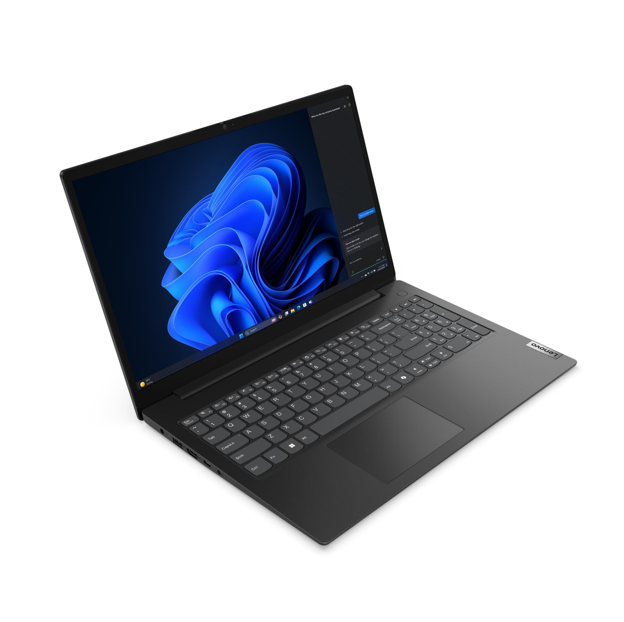 Un laptop Lenovo nero su una superficie bianca. Lo schermo mostra un'immagine astratta blu. La tastiera è visibile.