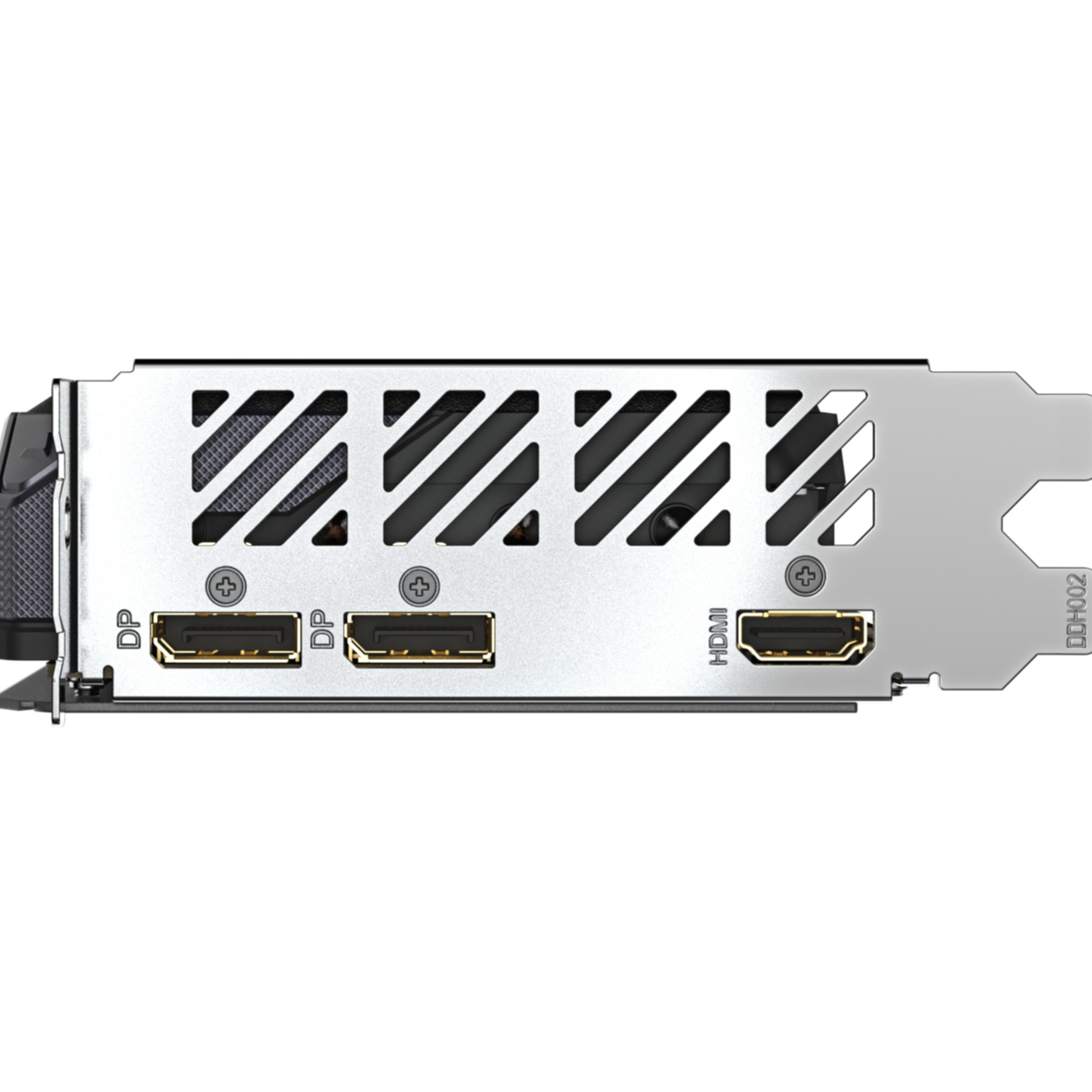 Karta graficzna z wieloma portami. Widoczne porty DP i HDMI. Karta ma srebrno-czarną konstrukcję.