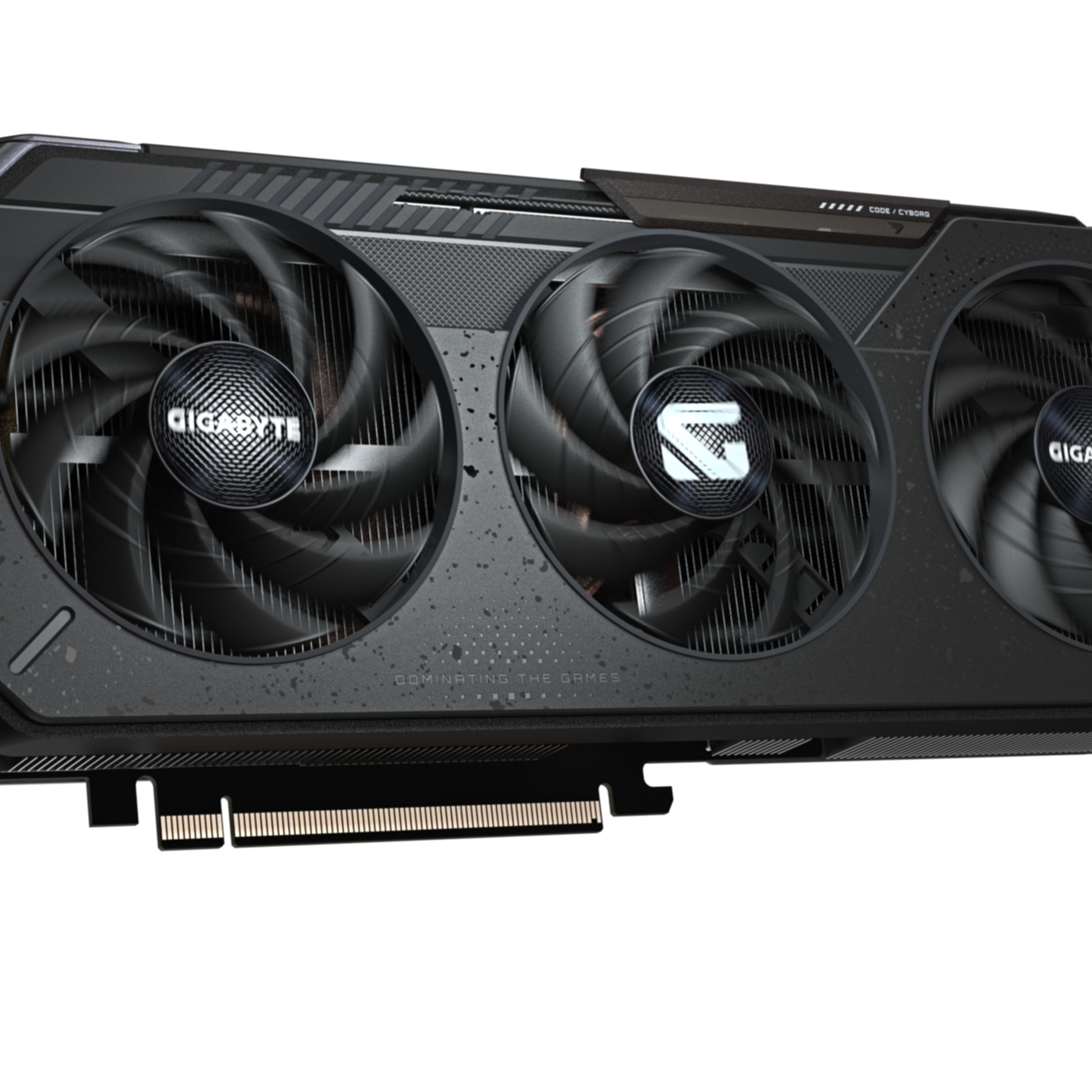 A close-up of a black graphics card with three fans. The card has the brand name 'GIGABYTE' on it.