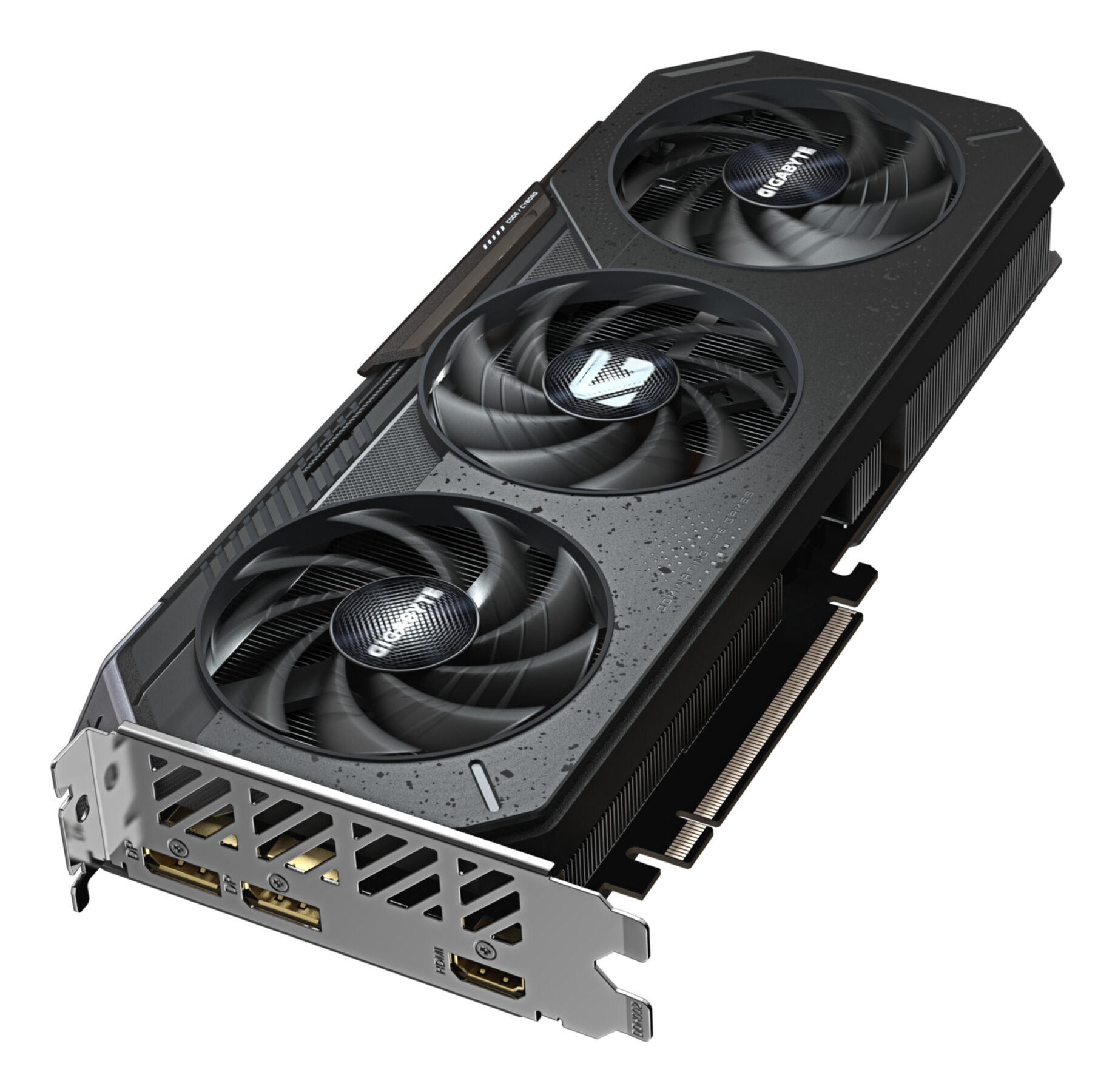 A black and grey Gigabyte graphics card. It has three fans, and ports for HDMI and DP.