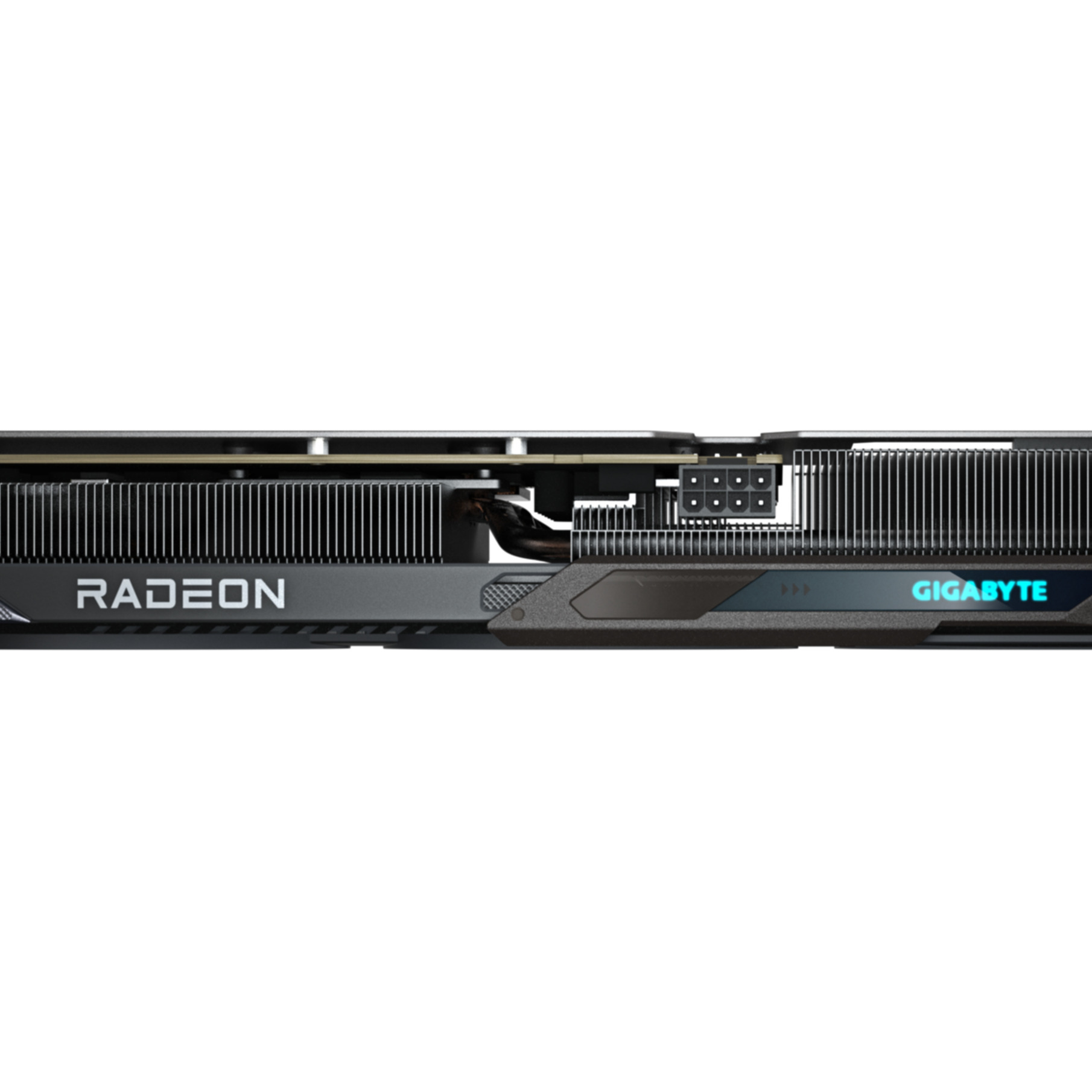 A close-up of a Radeon Gigabyte graphics card. The card is black and gray with the Radeon and Gigabyte logos.