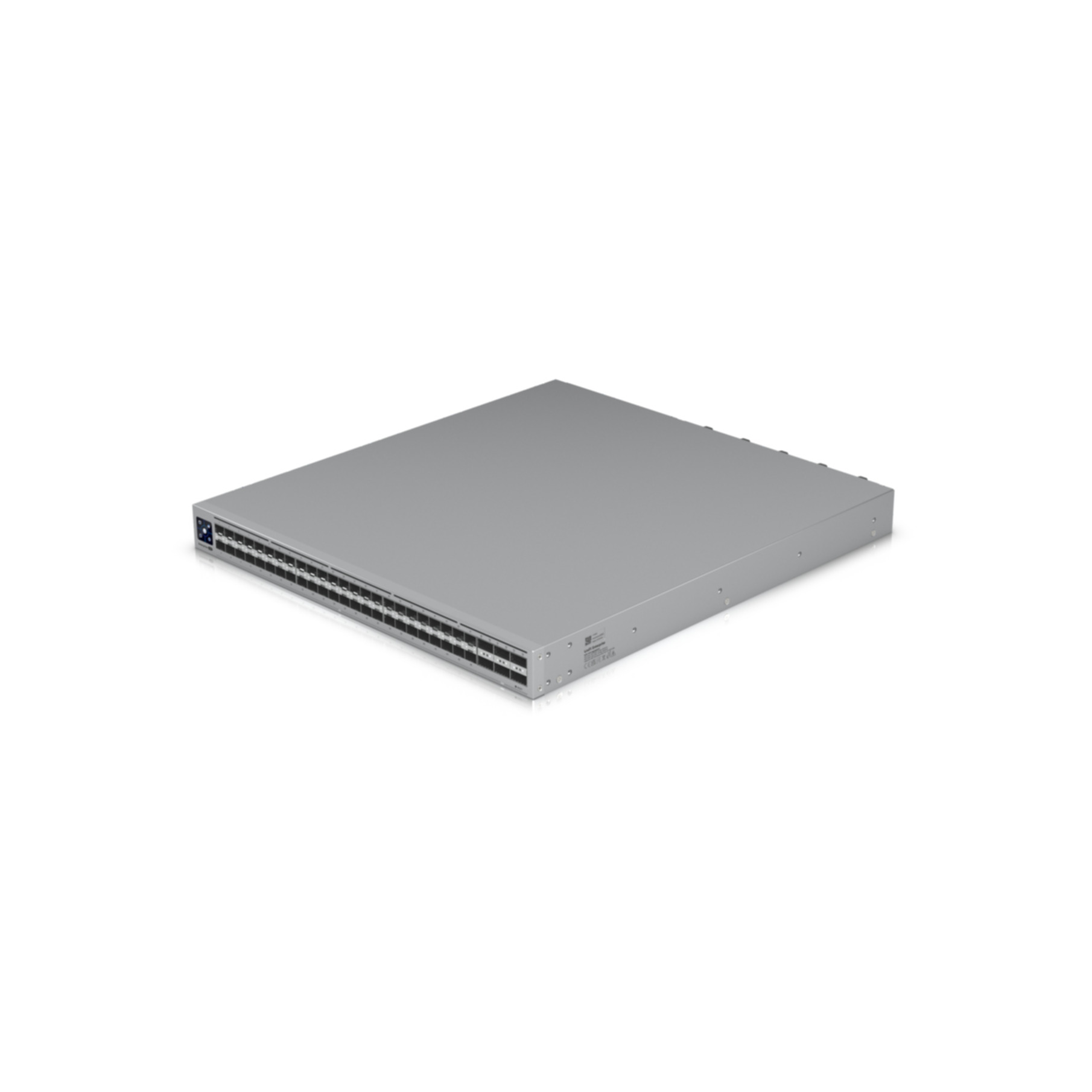 Uno switch di rete grigio su sfondo bianco. Ha molte porte ed è rettangolare. La parte superiore ha un logo.