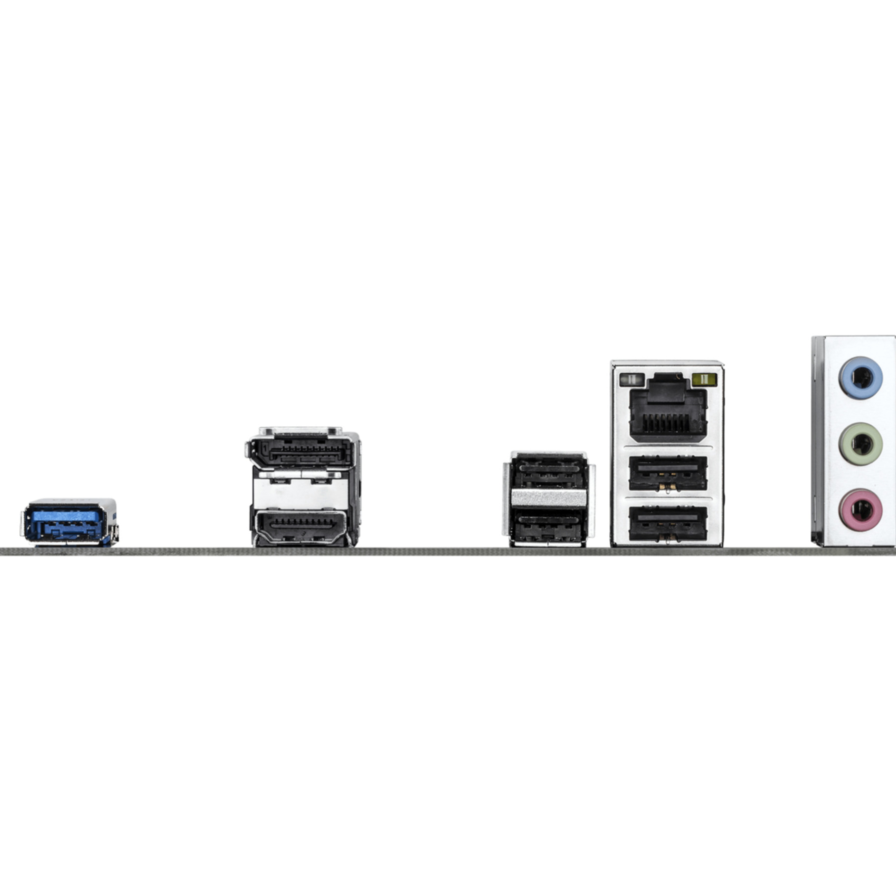 Pannello posteriore di un computer con varie porte. Include USB, HDMI, Ethernet e jack audio. Sfondo bianco.