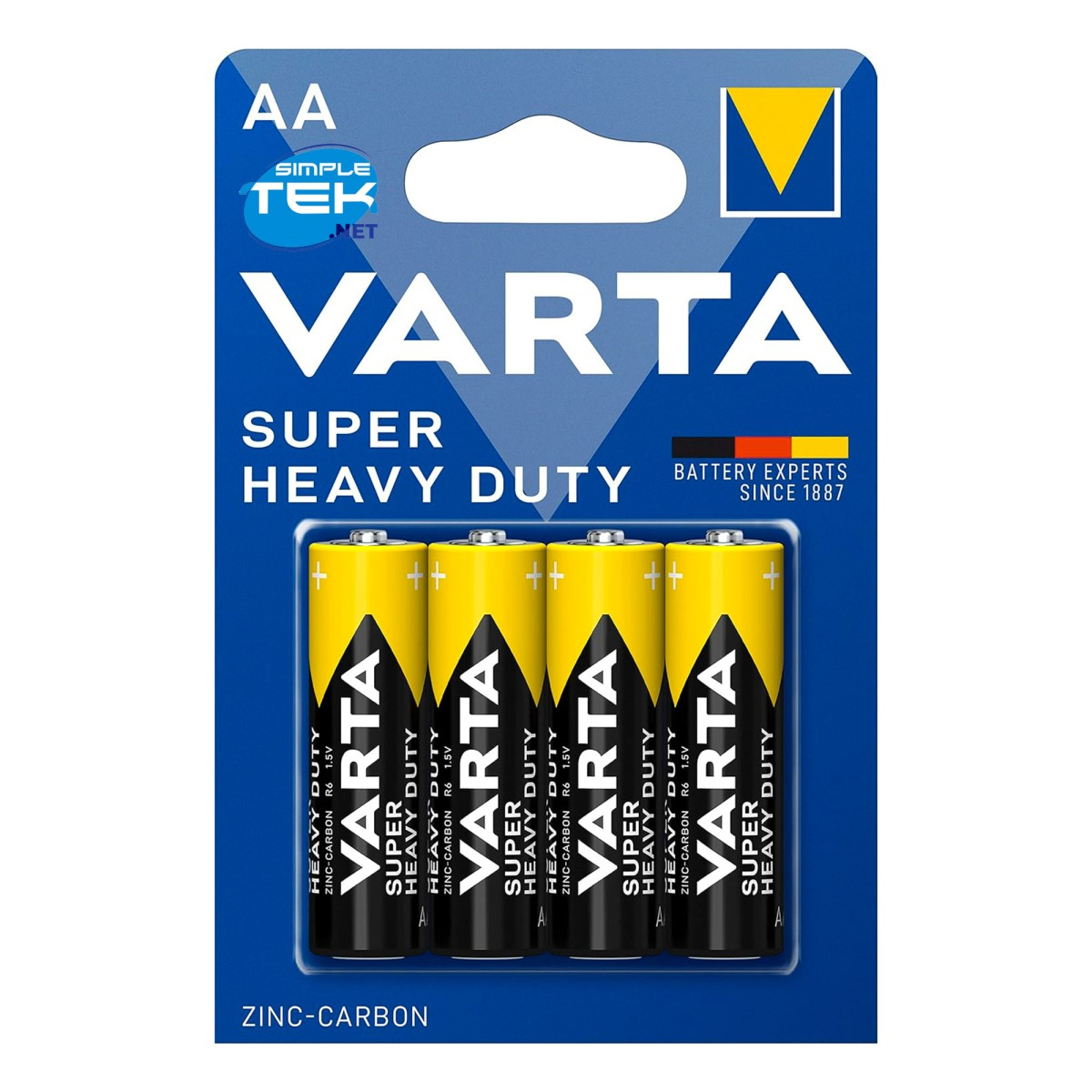 Opakowanie czterech baterii AA Varta Super Heavy Duty. Opakowanie jest niebieskie z białymi i żółtymi akcentami, a baterie są żółte i czarne.