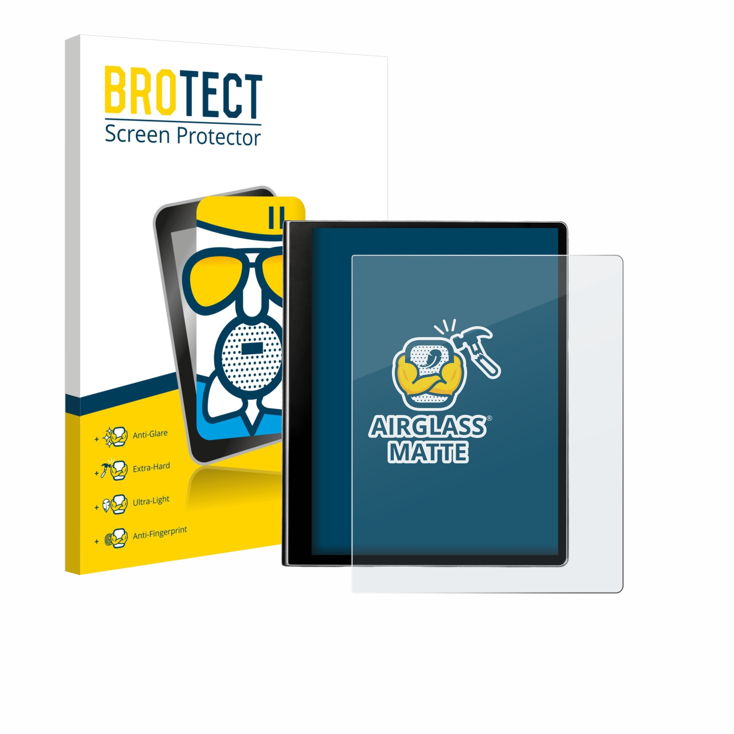 Eine Displayschutzfolien-Box mit Tablet und Displayschutzfolie. Auf der Box steht BROTECT Screen Protector. Das Tablet hat AirGlass Matte.
