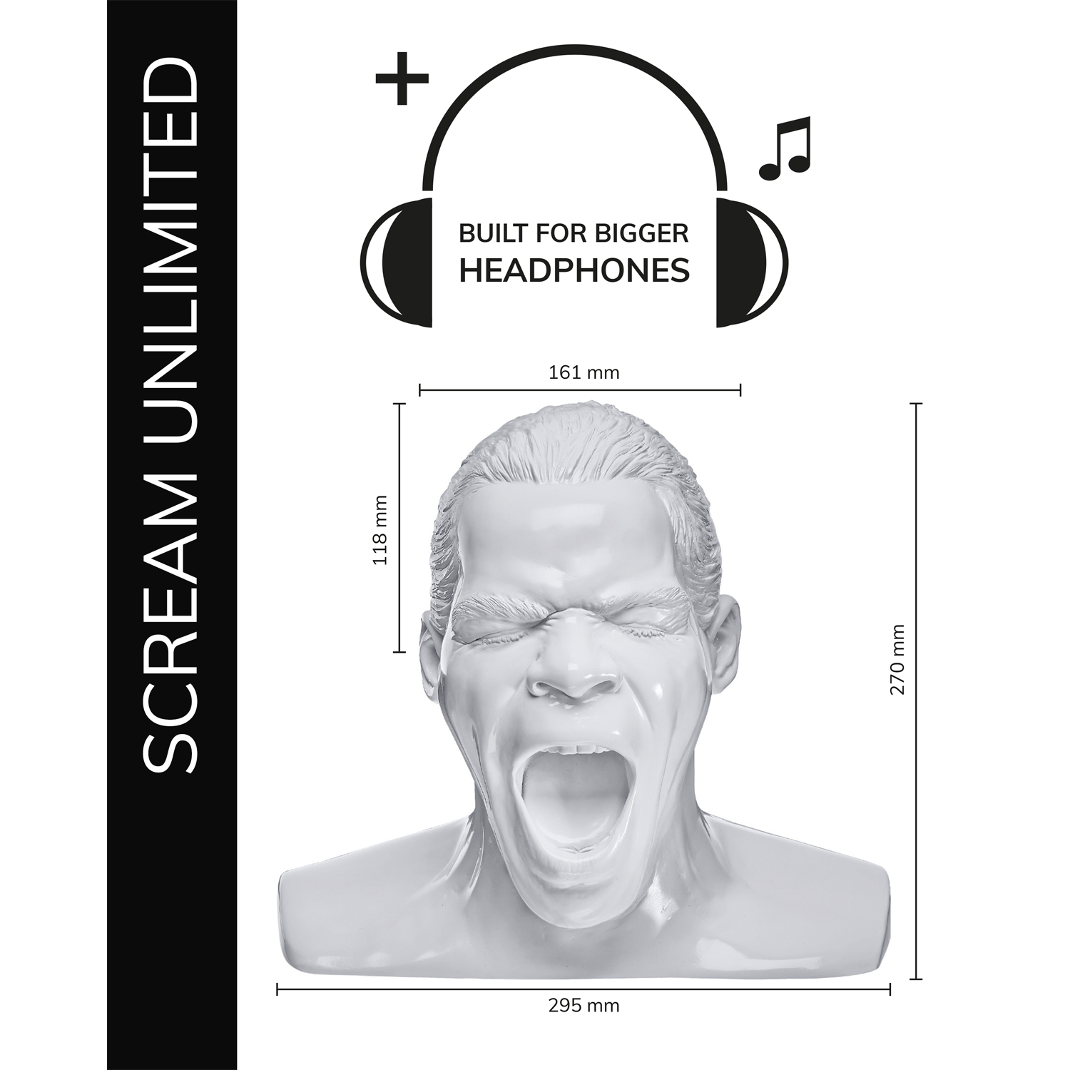 Weiße Skulptur eines schreienden Gesichts. Text sagt 'SCREAM UNLIMITED'. Abmessungen sind angegeben. Kopfhörer und Noten sind abgebildet.