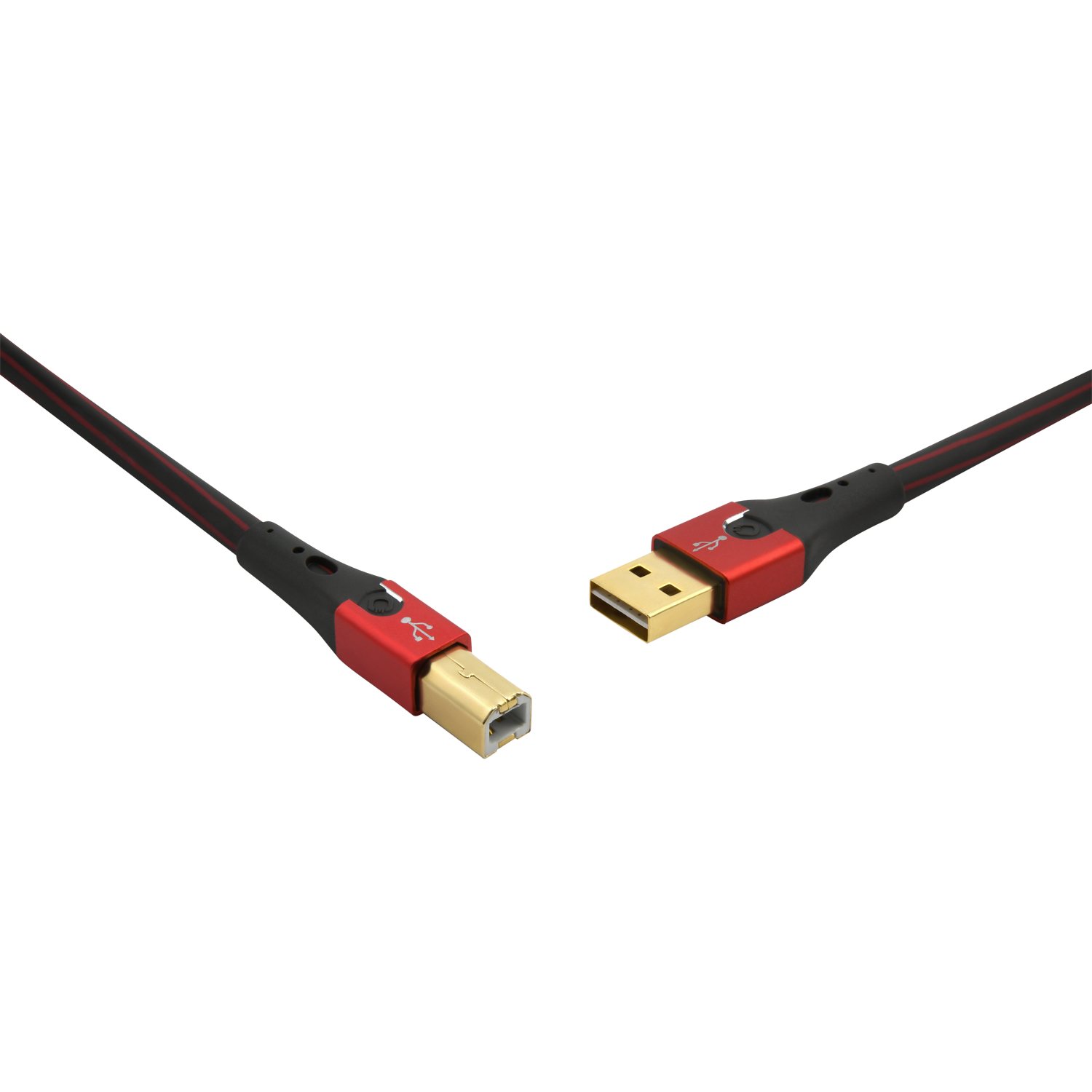Ein USB-Kabel mit schwarzen und roten Akzenten. Die Stecker sind rot und goldfarben. Der Hintergrund hat rote und graue vertikale Streifen.