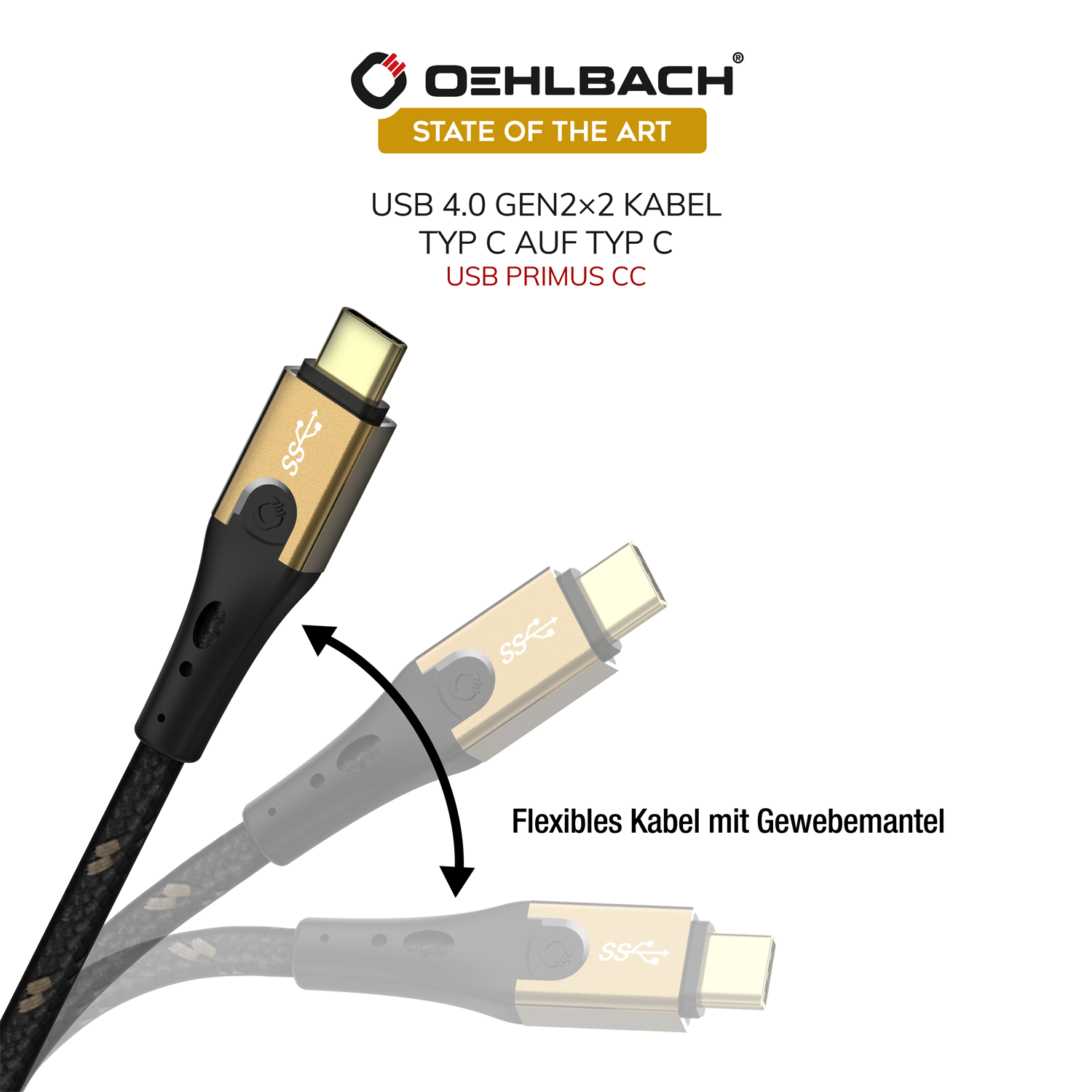 Ein USB-C-Kabel mit goldenen Steckern und einem schwarz-gold geflochtenen Kabel. Das Bild zeigt das Kabel beim Biegen.