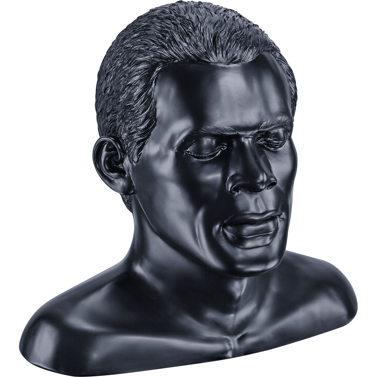 Eine dunkle Büste eines Mannes mit geschlossenen Augen und einem leichten Lächeln. Die Skulptur ist schwarz und vor grauem Hintergrund.