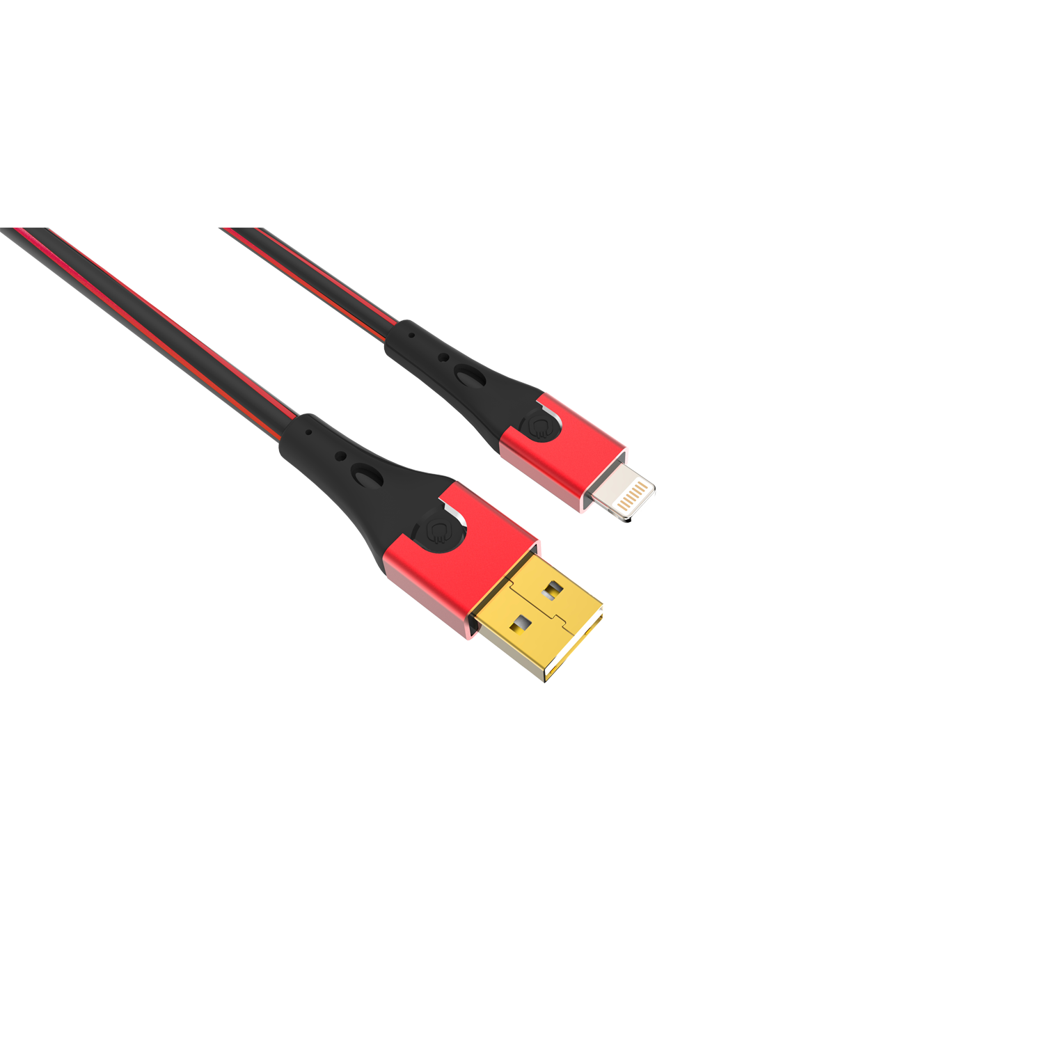 Ein rot-schwarzes Ladekabel. Ein Ende ist USB, das andere ein Lightning-Anschluss, auf weißem Hintergrund.