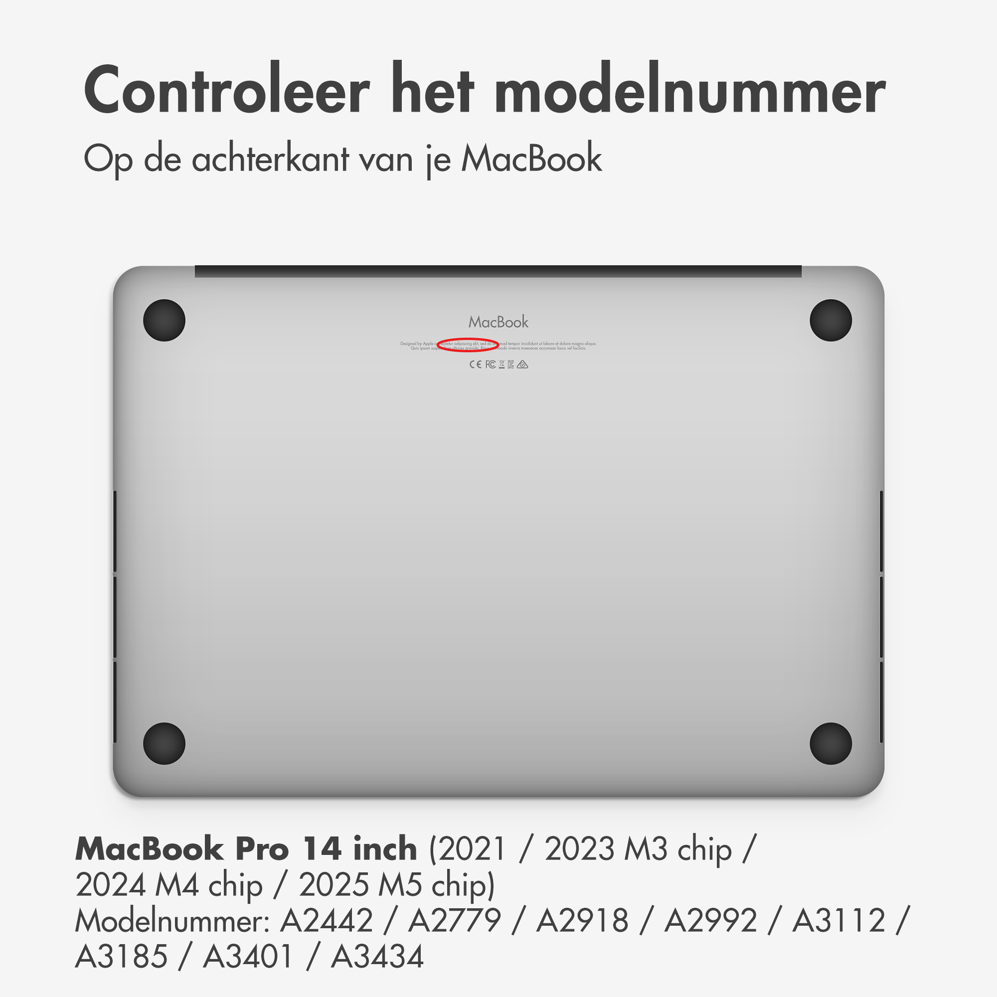 A MacBook's back, showing its model number. Text in Dutch says 'Check the model number on the back of your MacBook'.