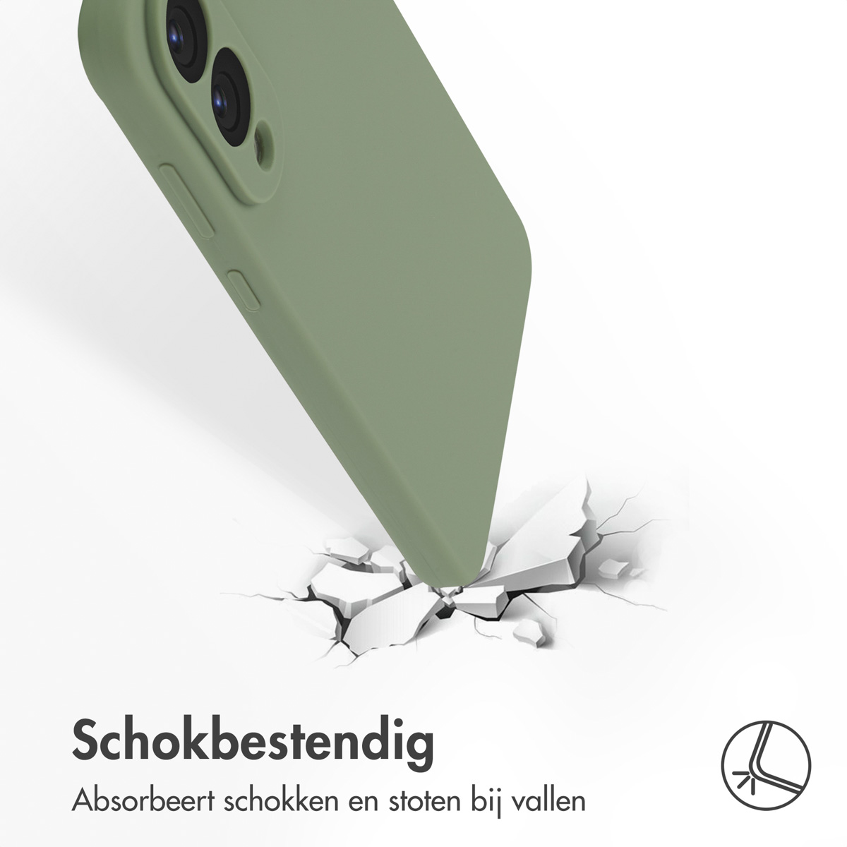 Coque de téléphone verte brisant une surface blanche. La coque protège le téléphone des chocs.