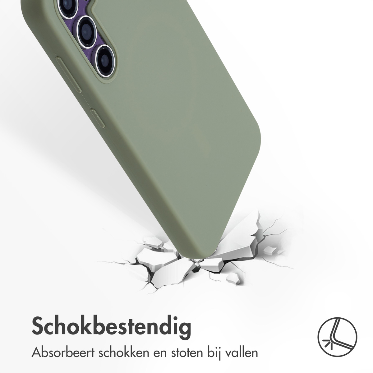 Een groene telefoonhoes op een wit oppervlak, dat breekt. De hoes heeft een camera-opstelling. Tekst zegt 'schokbestendig'.