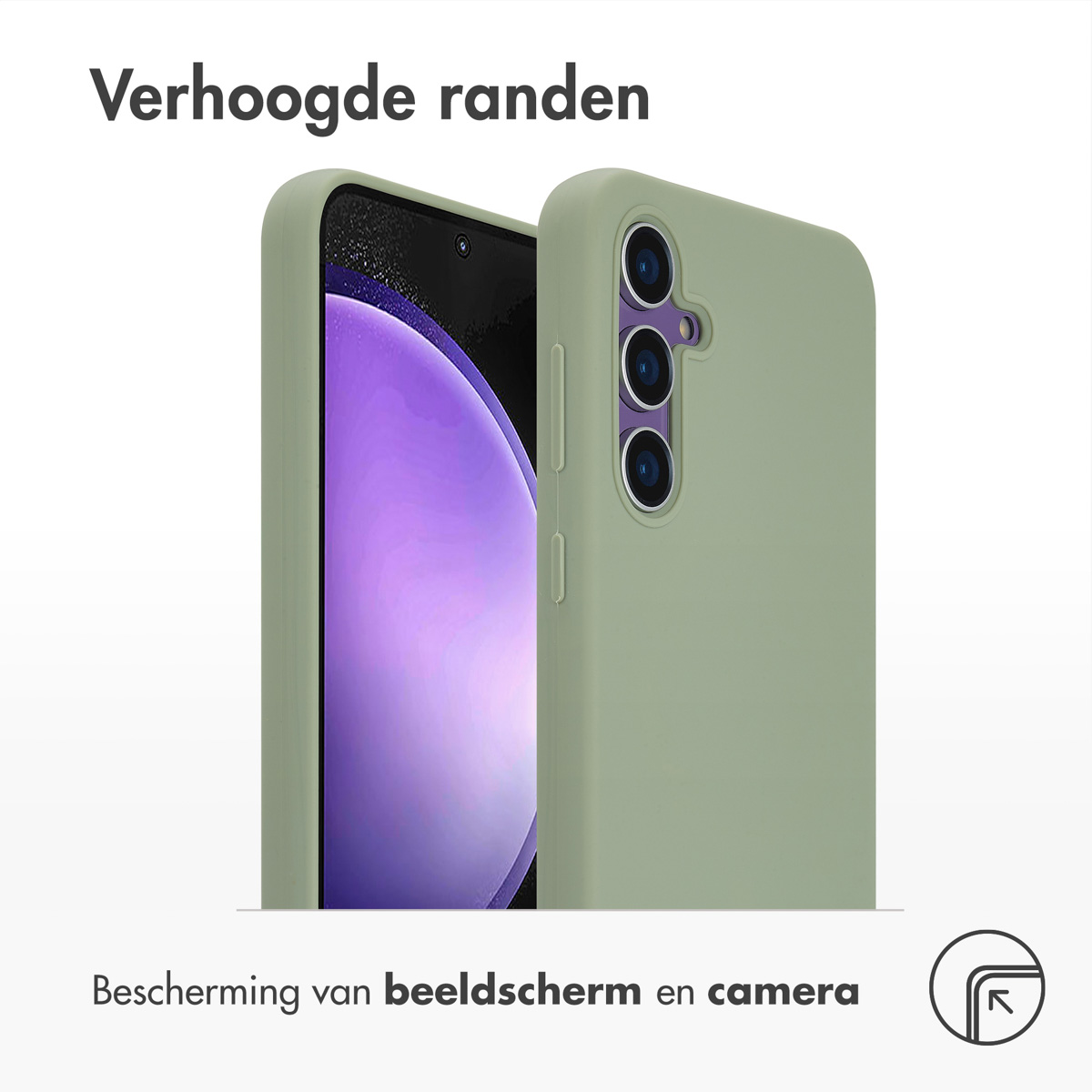 Twee groene telefoonhoesjes. Eén toont het scherm, de andere de achterkant met cameragaten. Tekst bovenaan: 'Verhoogde randen'.