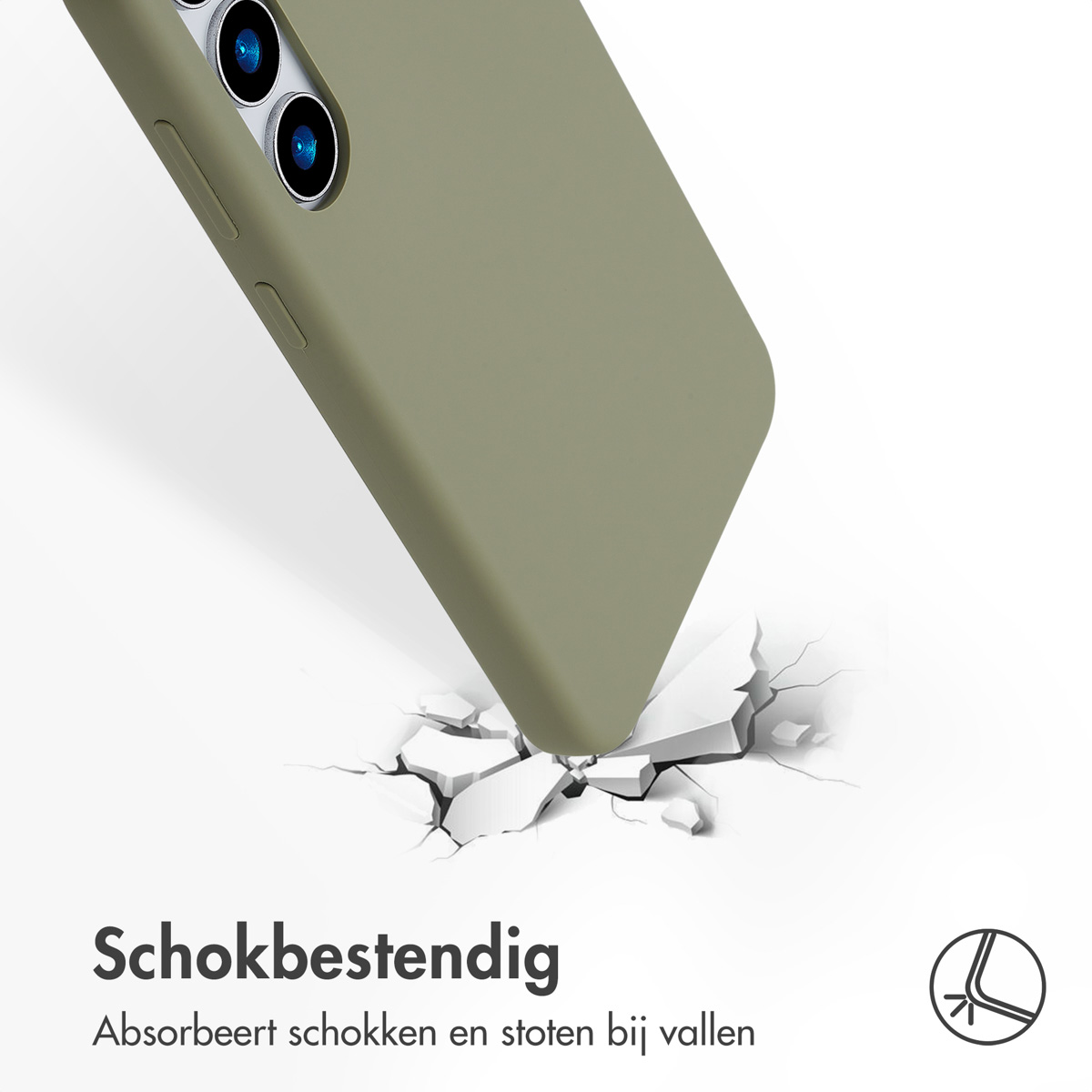 Un étui de téléphone tombe, frappe le sol et le brise. L'étui est vert olive. Le fond est blanc avec du texte.