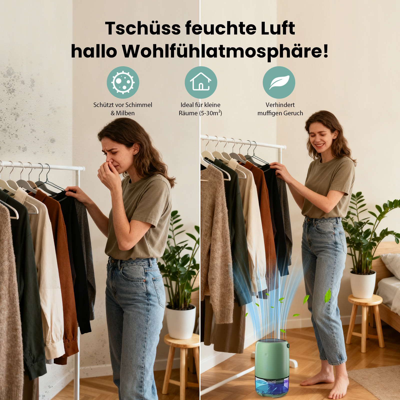 Das Bild zeigt eine Frau, die an Kleidung riecht, dann in der Nähe eines Luftentfeuchters lächelt. Text deutet auf Schimmel, Geruch und kleine Räume hin.