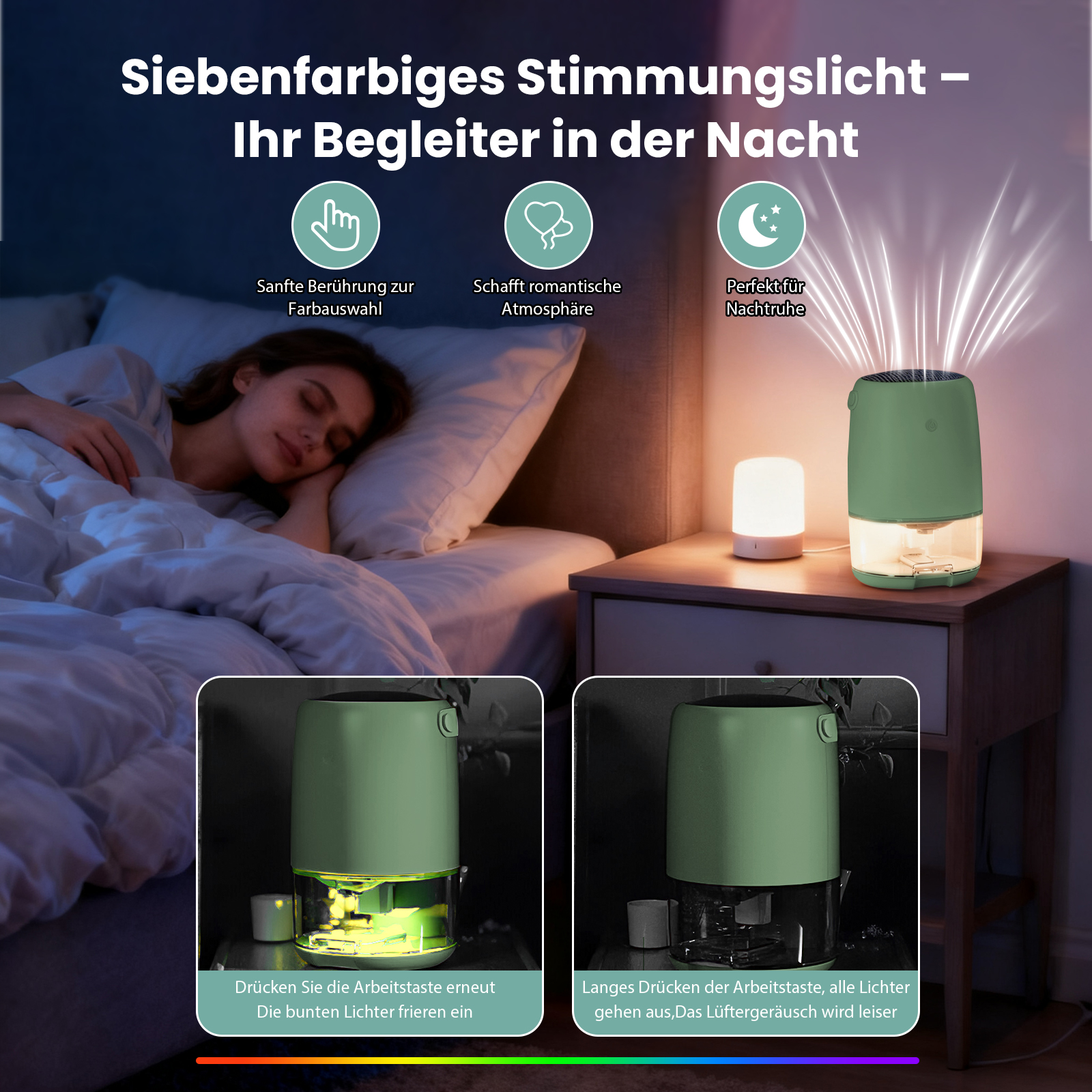 Eine Frau schläft im Bett. Ein grüner Luftreiniger steht auf einem Nachttisch mit einer Lampe. Text beschreibt Funktionen.