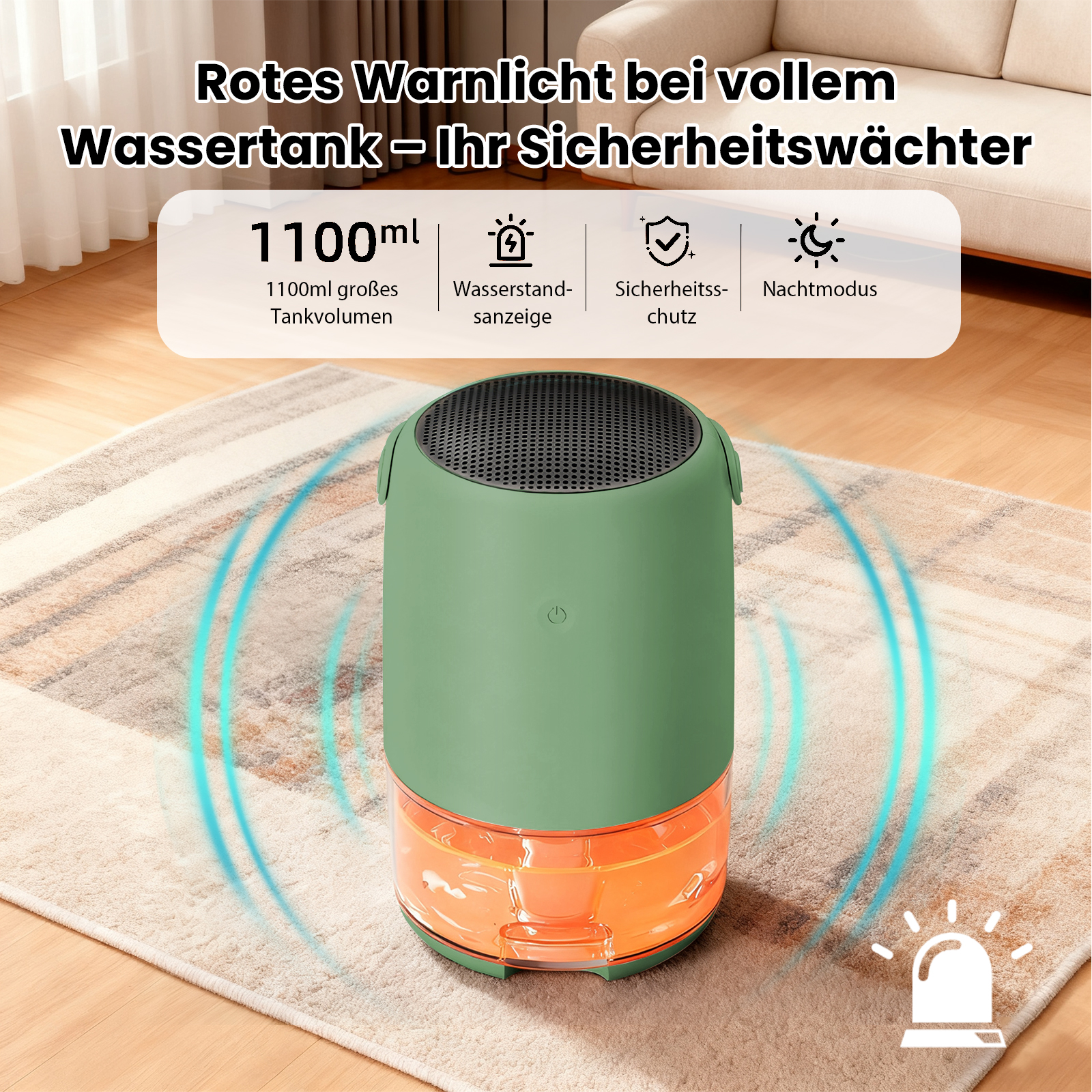 Ein grüner und orangefarbener Luftbefeuchter auf einem Teppich. Text oben: Rotes Warnlicht bei vollem Tank.