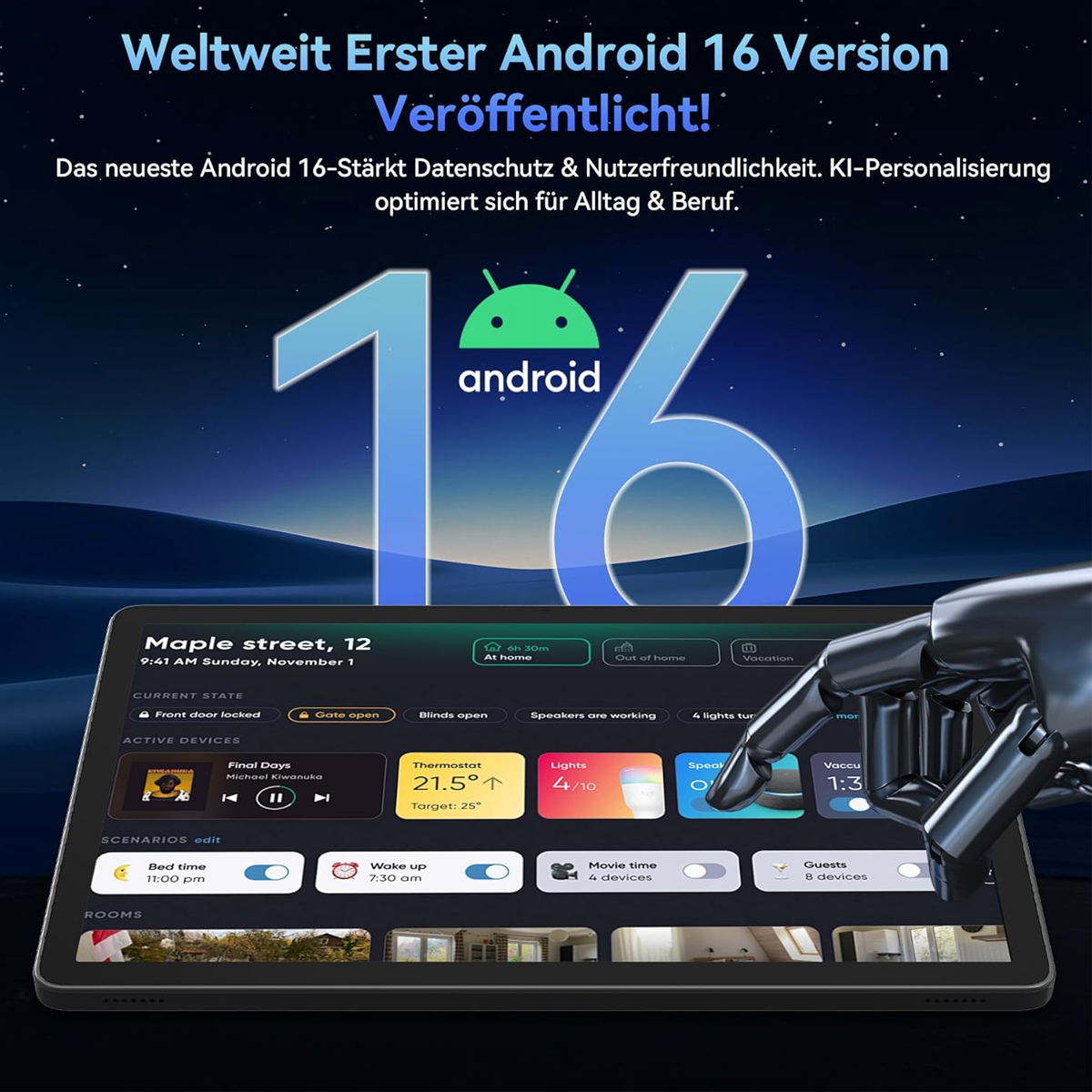 Android 16-Werbung mit Tablet, das Smart-Home-Steuerelemente zeigt. Große '16' Grafik und Android-Logo. Text auf Deutsch.