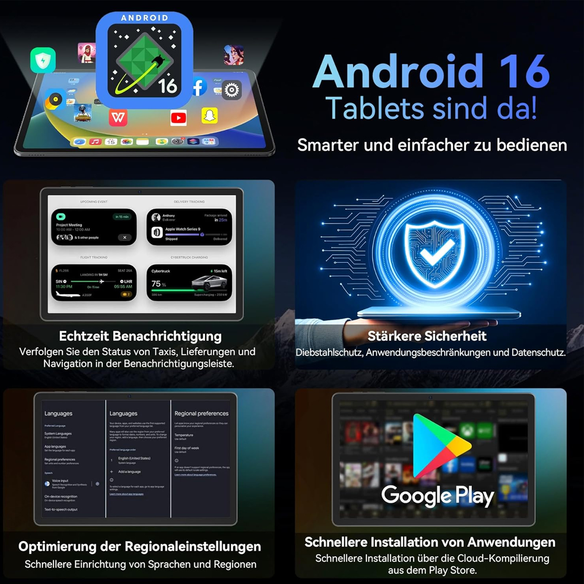 Android-Tablet mit App-Vorschauen. Funktionen umfassen Echtzeit-Benachrichtigungen, Sicherheit und Google Play Store.