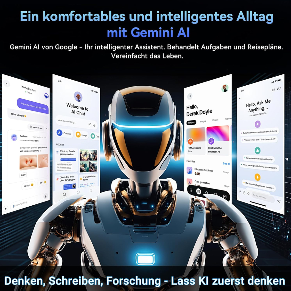 Ein Roboter mit Bildschirmen, die eine KI-Oberfläche zeigen, Text auf Deutsch. Die Bildschirme zeigen Chat-Fenster und App-Oberflächen.